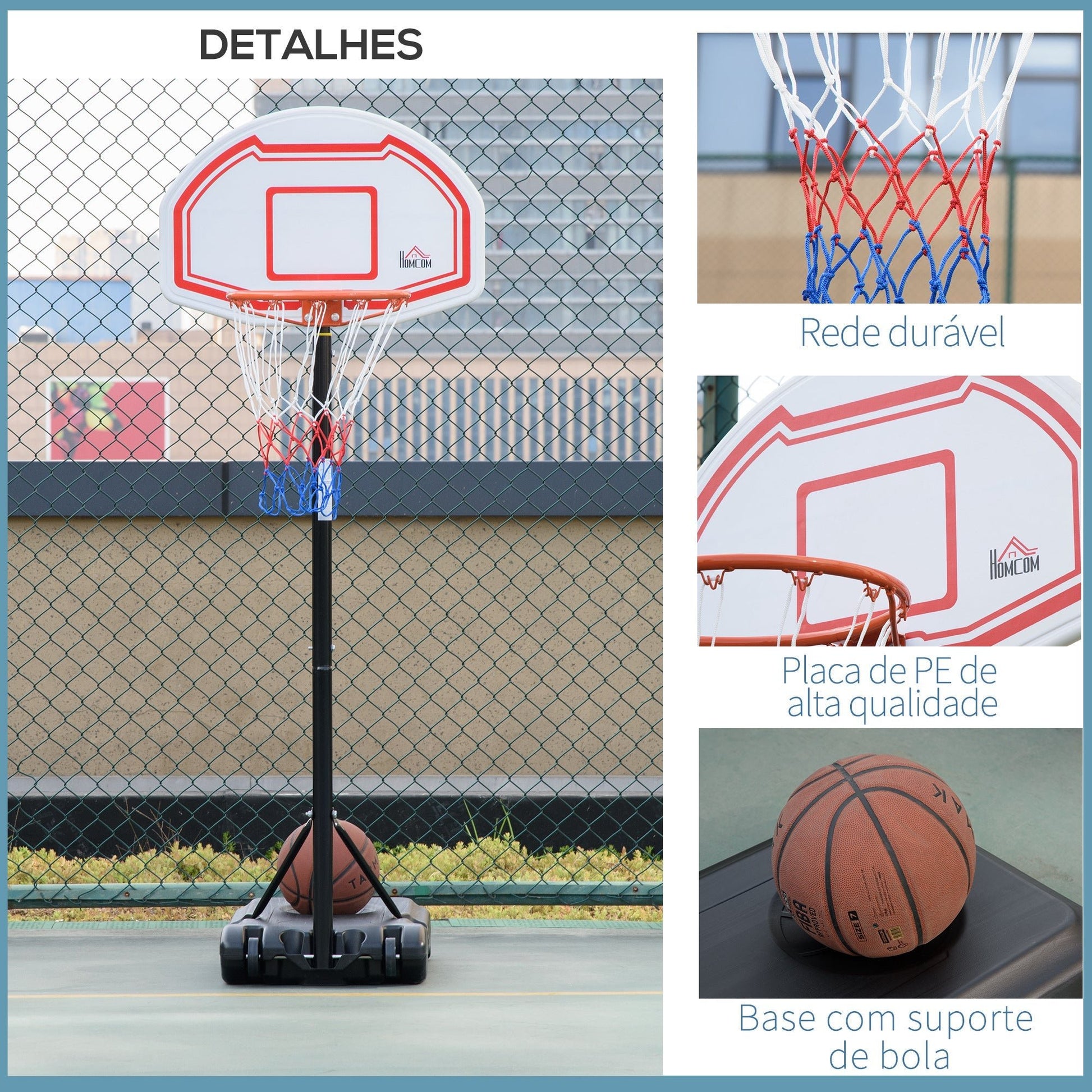 HOMCOM Tabela de Basquetebol para Exterior com Altura Ajustável 258x314 cm Cesta de Basquetebol com Rodas Base Recaregável para Adolescentes e Adultos Preto e Vermelho - A minha loja