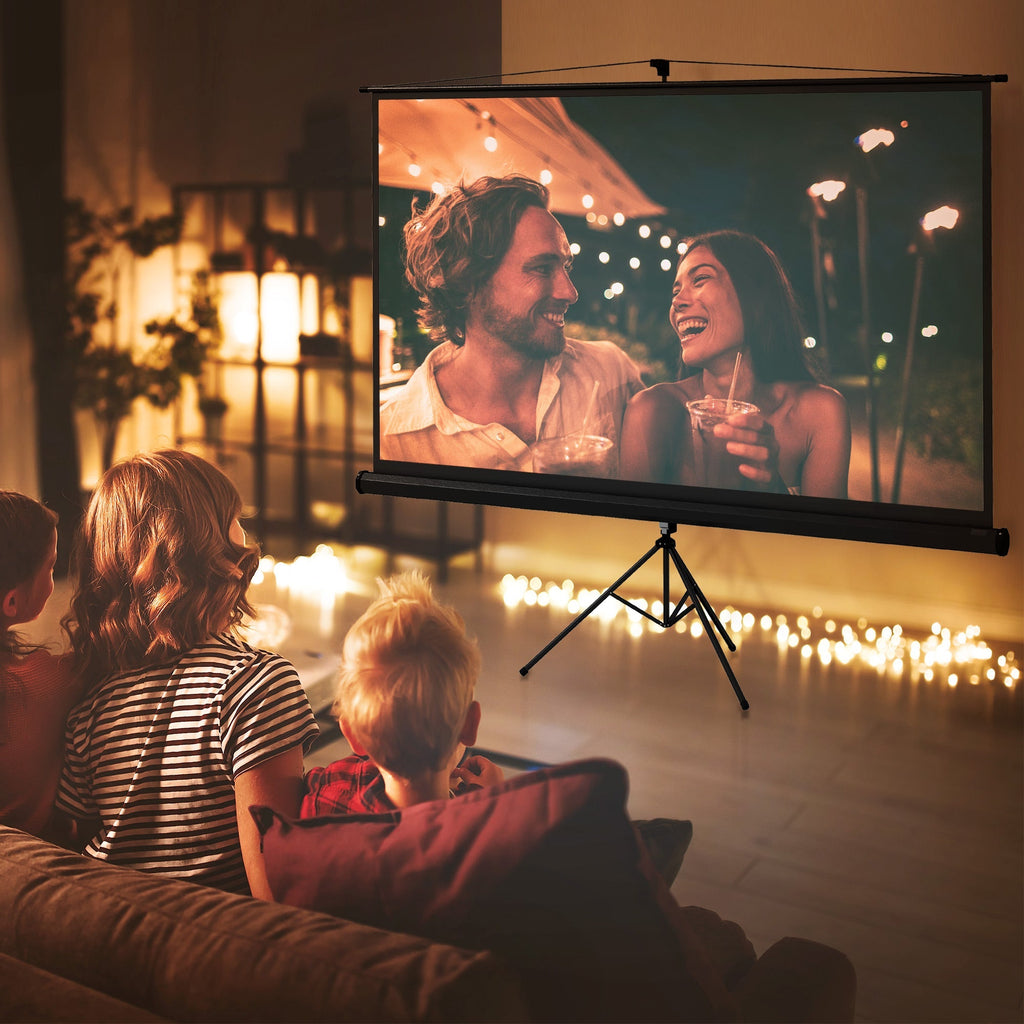 HOMCOM Tela de Projeção Manual com Suporte 100 Polegadas Tela de Projeção Portátil Formato 16:9 com Altura Ajustável para Interior e Exterior Cinema em Casa 235,8x8x136 cm Branco e Preto - A minha loja