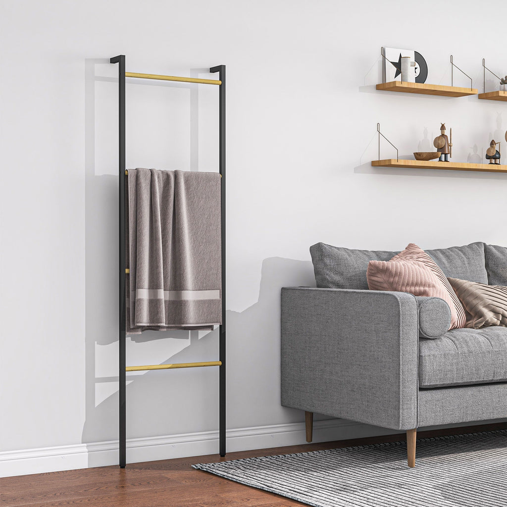 HOMCOM Toalheiro de 4 Níveis Toalheiro Escada Apoiado na Parede Toalheiro Casa de Banho com 4 Barras de Bambu e Estrutura de Aço 49x5,5x167,5 cm Preto e Madeira - A minha loja