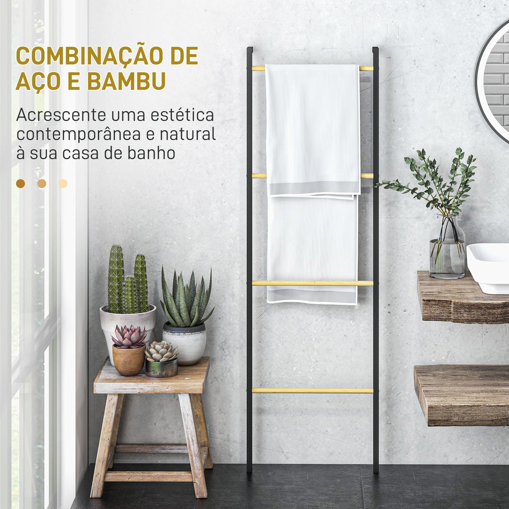 HOMCOM Toalheiro de 4 Níveis Toalheiro Escada Apoiado na Parede Toalheiro Casa de Banho com 4 Barras de Bambu e Estrutura de Aço 49x5,5x167,5 cm Preto e Madeira - A minha loja