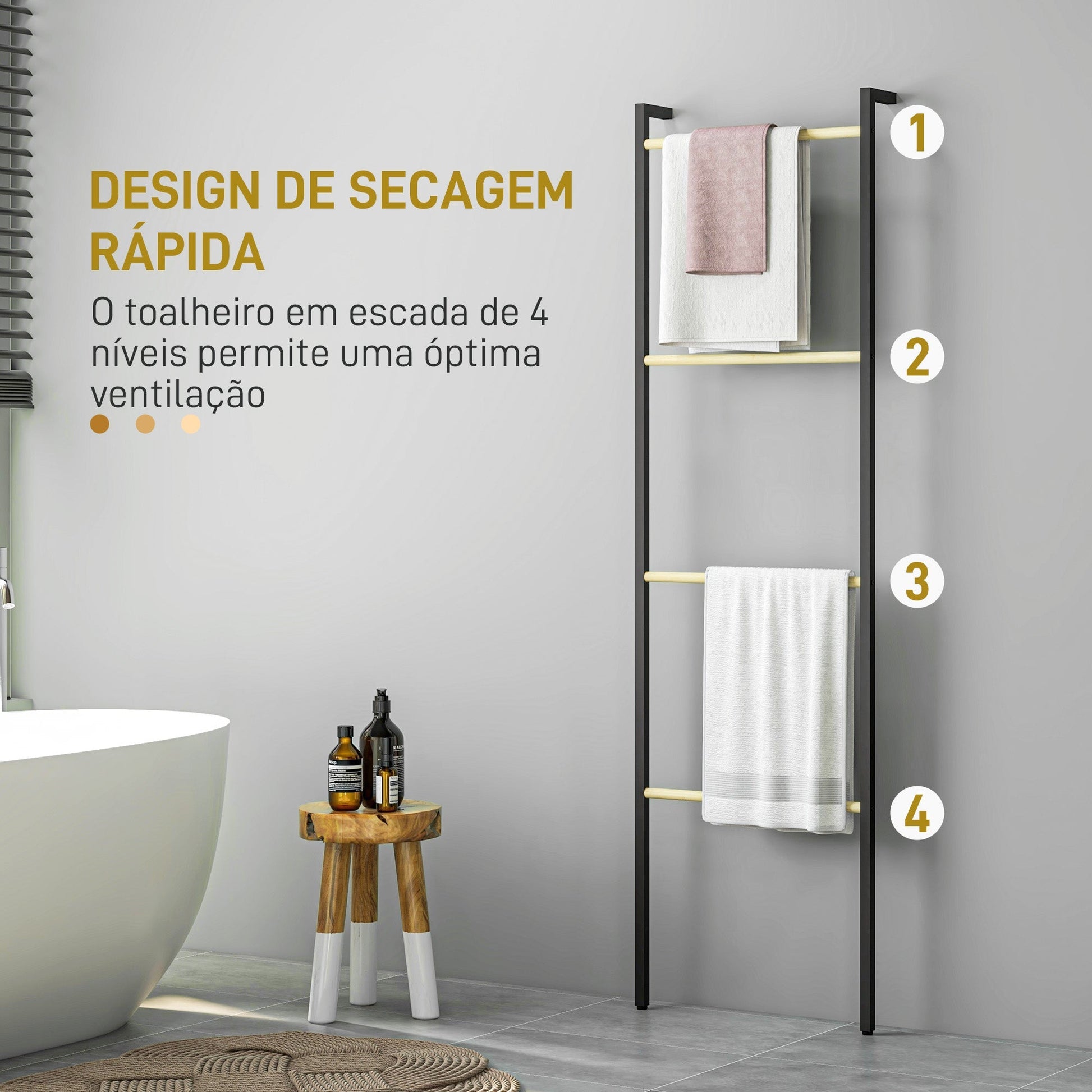 HOMCOM Toalheiro de 4 Níveis Toalheiro Escada Apoiado na Parede Toalheiro Casa de Banho com 4 Barras de Bambu e Estrutura de Aço 49x5,5x167,5 cm Preto e Madeira - A minha loja
