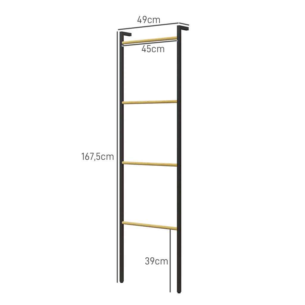 HOMCOM Toalheiro de 4 Níveis Toalheiro Escada Apoiado na Parede Toalheiro Casa de Banho com 4 Barras de Bambu e Estrutura de Aço 49x5,5x167,5 cm Preto e Madeira - A minha loja