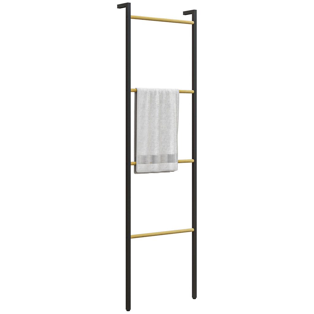 HOMCOM Toalheiro de 4 Níveis Toalheiro Escada Apoiado na Parede Toalheiro Casa de Banho com 4 Barras de Bambu e Estrutura de Aço 49x5,5x167,5 cm Preto e Madeira - A minha loja