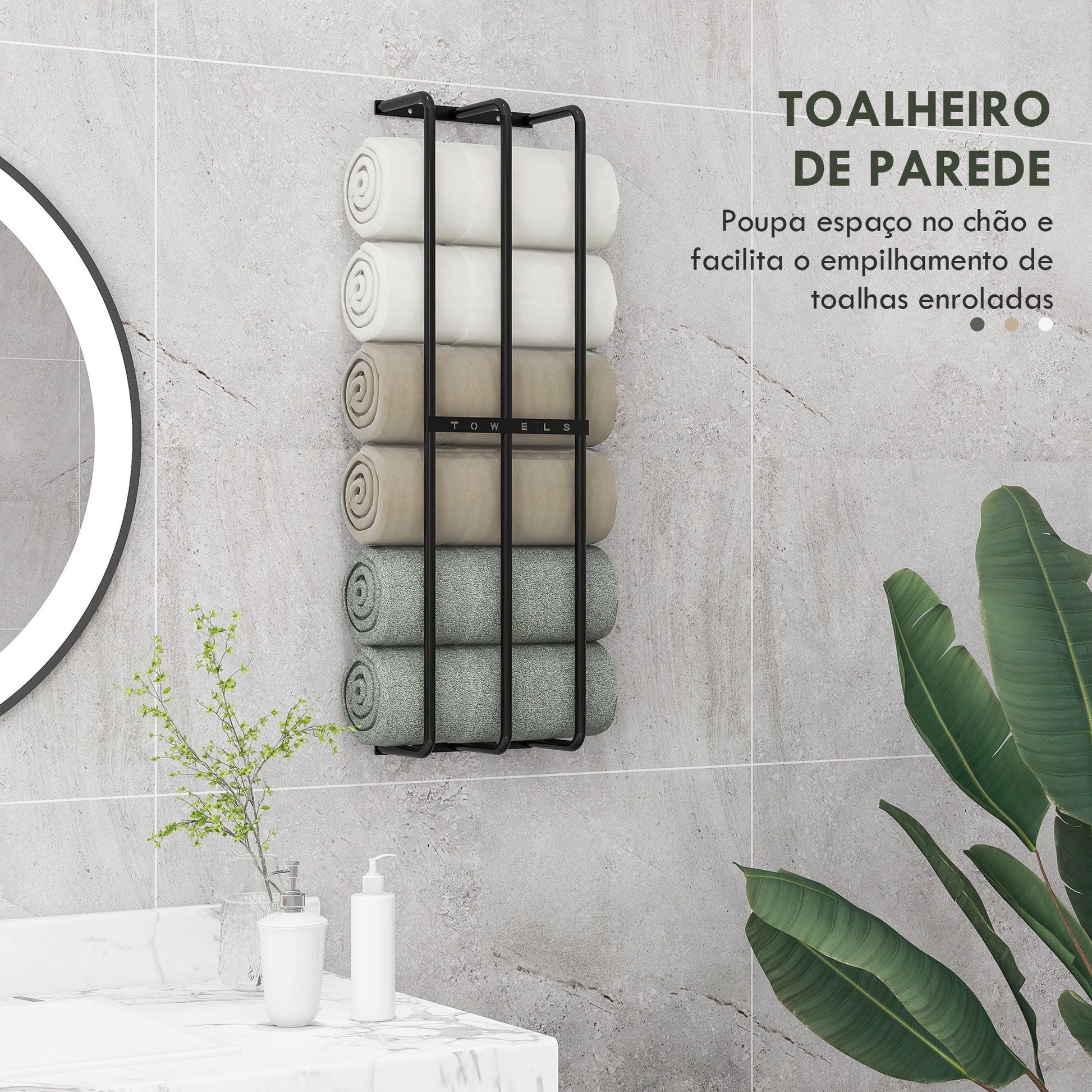 HOMCOM Toalheiro de Casa de Banho Toalheiro de Parede com 3 Barras e Estrutura de Metal Suporte para Toalhas 21x12x74 cm Preto - A minha loja