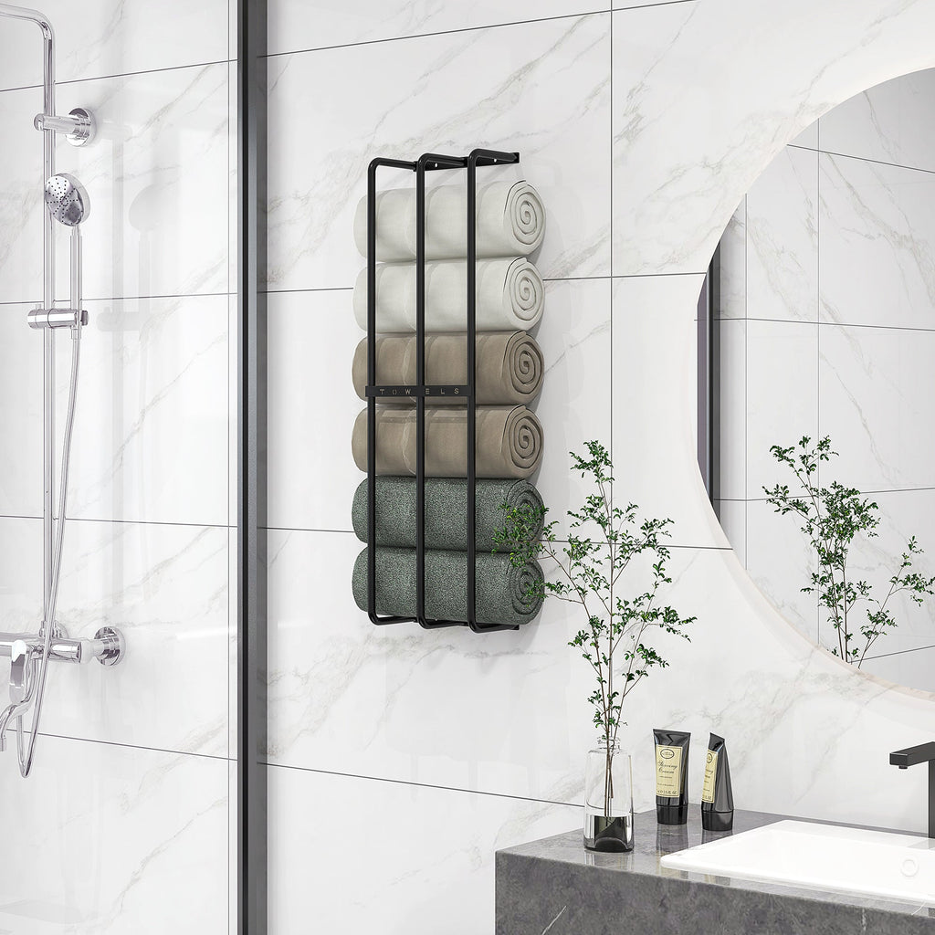 HOMCOM Toalheiro de Casa de Banho Toalheiro de Parede com 3 Barras e Estrutura de Metal Suporte para Toalhas 21x12x74 cm Preto - A minha loja