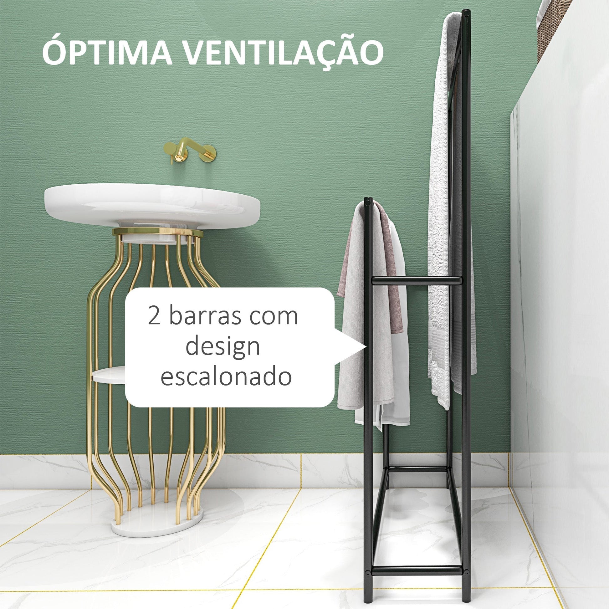 HOMCOM Toalheiro de Pé de 2 Níveis Toalheiro Casa de Banho com 2 Barras e Estrutura de Metal Toalheiro Moderno 66x20x110 cm Preto - A minha loja