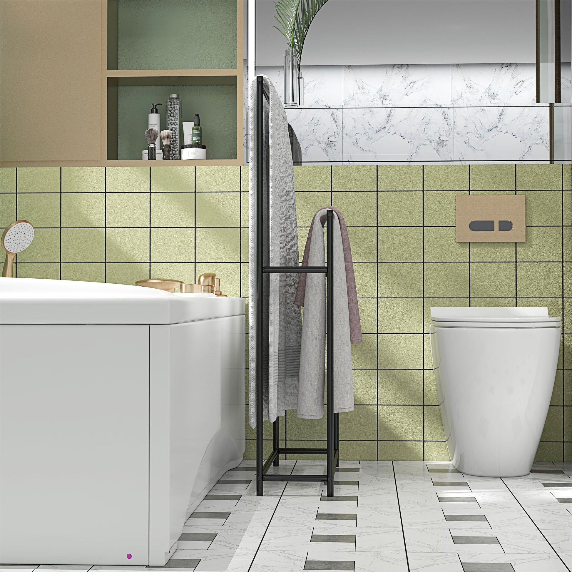HOMCOM Toalheiro de Pé de 2 Níveis Toalheiro Casa de Banho com 2 Barras e Estrutura de Metal Toalheiro Moderno 66x20x110 cm Preto - A minha loja