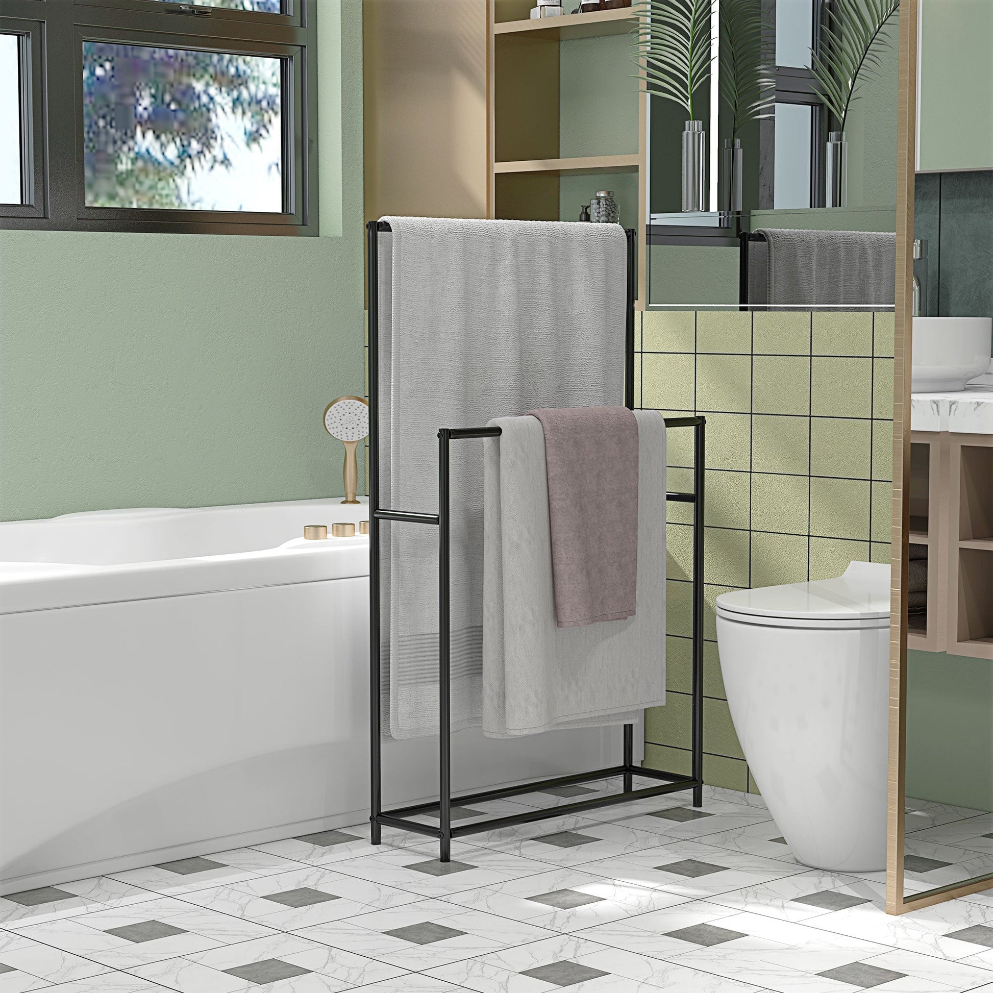 HOMCOM Toalheiro de Pé de 2 Níveis Toalheiro Casa de Banho com 2 Barras e Estrutura de Metal Toalheiro Moderno 66x20x110 cm Preto - A minha loja