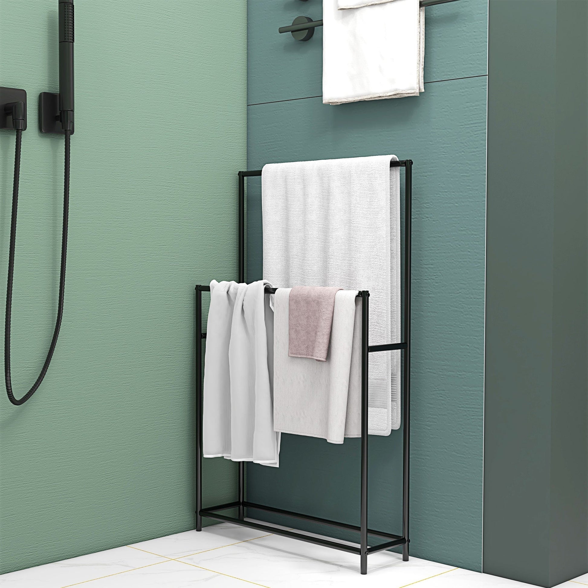 HOMCOM Toalheiro de Pé de 2 Níveis Toalheiro Casa de Banho com 2 Barras e Estrutura de Metal Toalheiro Moderno 66x20x110 cm Preto - A minha loja
