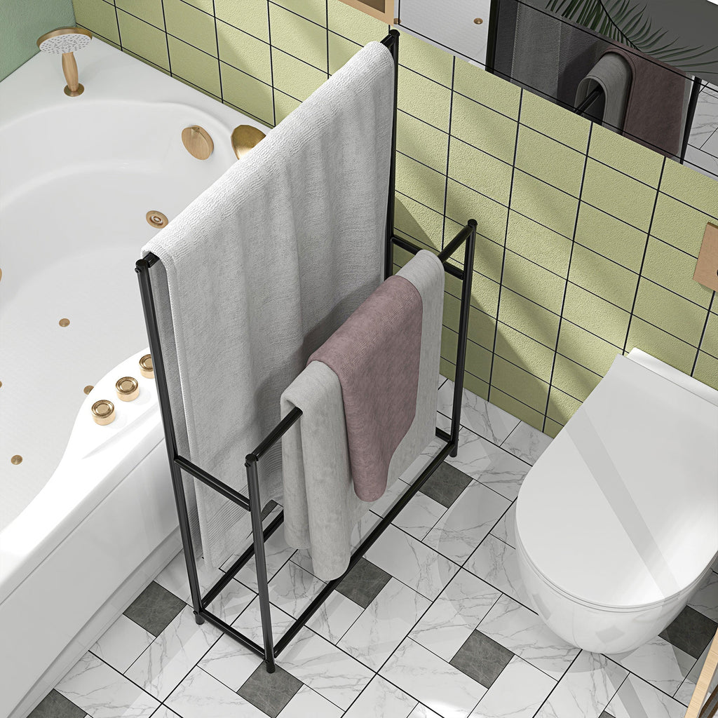 HOMCOM Toalheiro de Pé de 2 Níveis Toalheiro Casa de Banho com 2 Barras e Estrutura de Metal Toalheiro Moderno 66x20x110 cm Preto - A minha loja