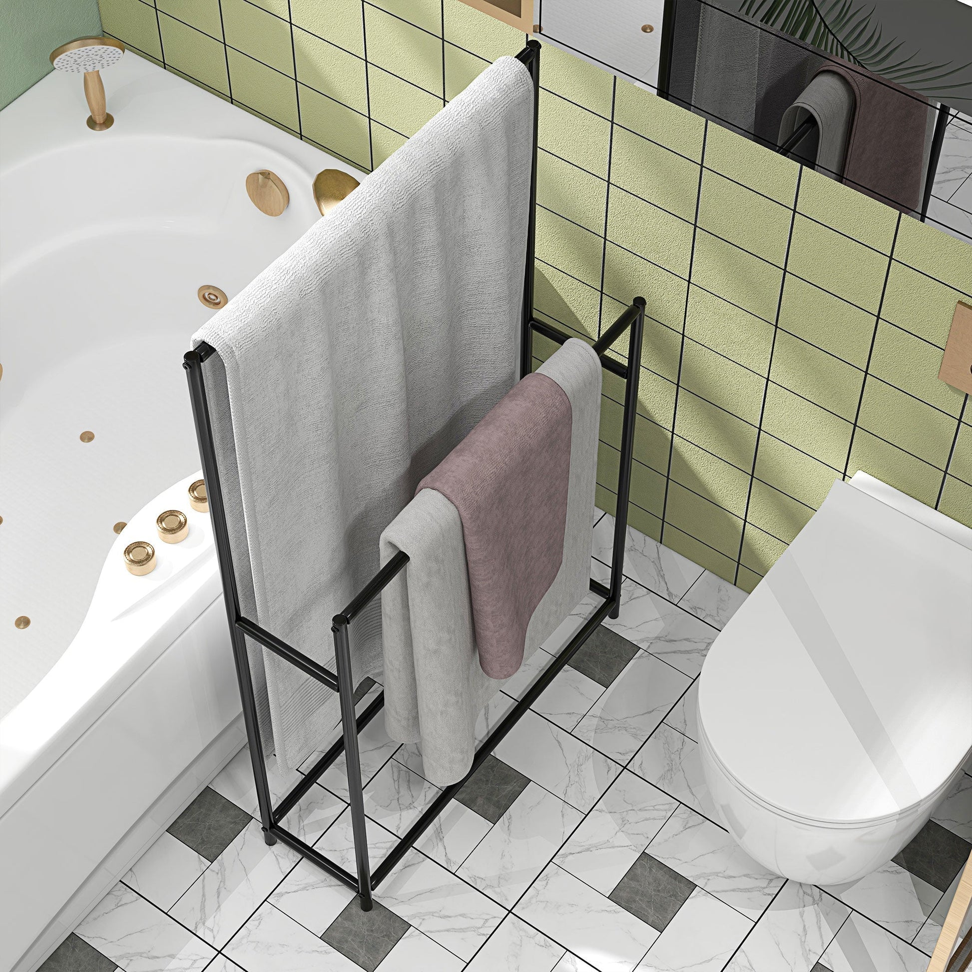 HOMCOM Toalheiro de Pé de 2 Níveis Toalheiro Casa de Banho com 2 Barras e Estrutura de Metal Toalheiro Moderno 66x20x110 cm Preto - A minha loja