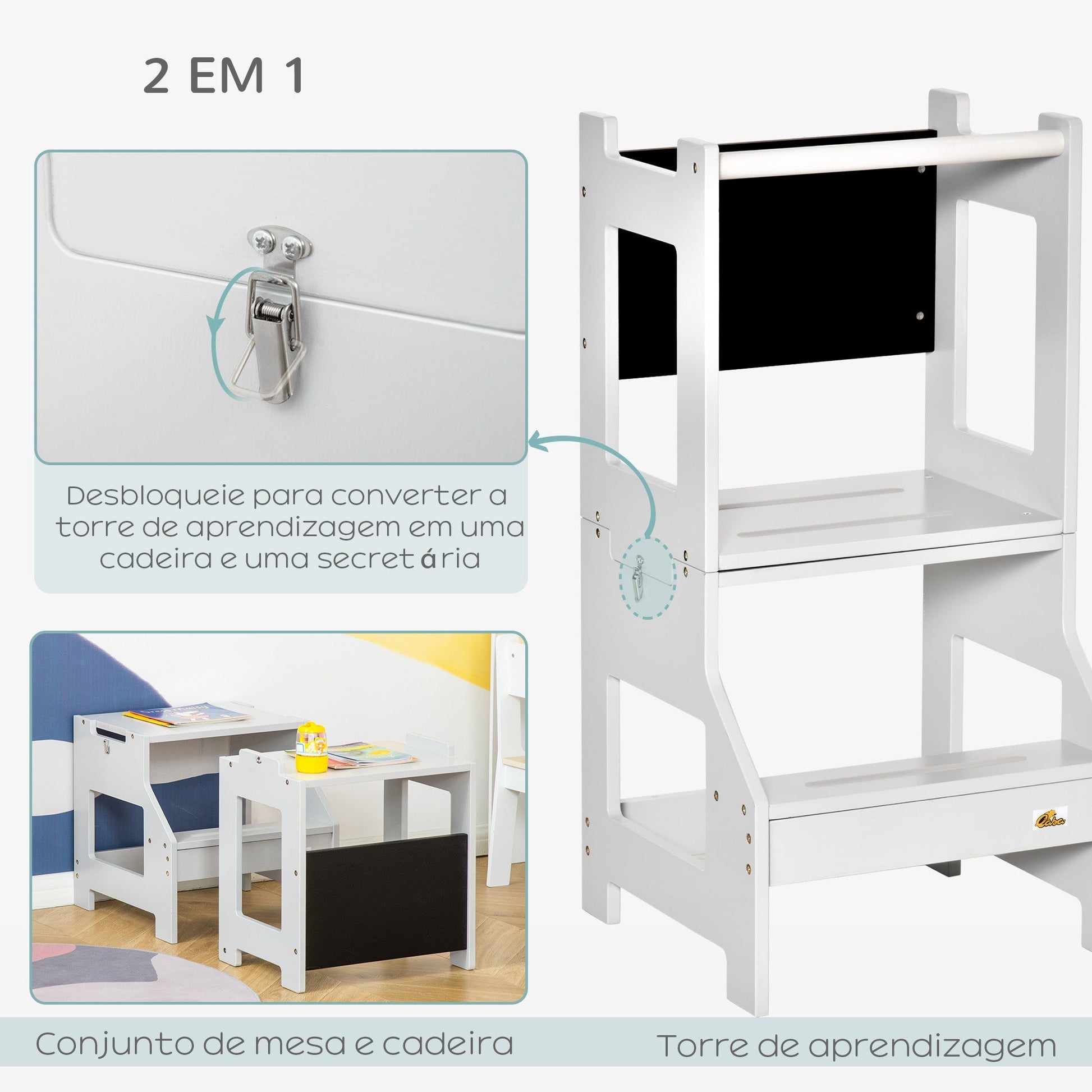 HOMCOM Torre de Aprendizagem para Crianças 3 - 6 Anos de Madeira Torre de Aprendizagem Infantil Convertível em Secretária com Ardósia e Barra de Segurança para Casa de Banho Cozinha 42x44x86 cm Cinza - A minha loja
