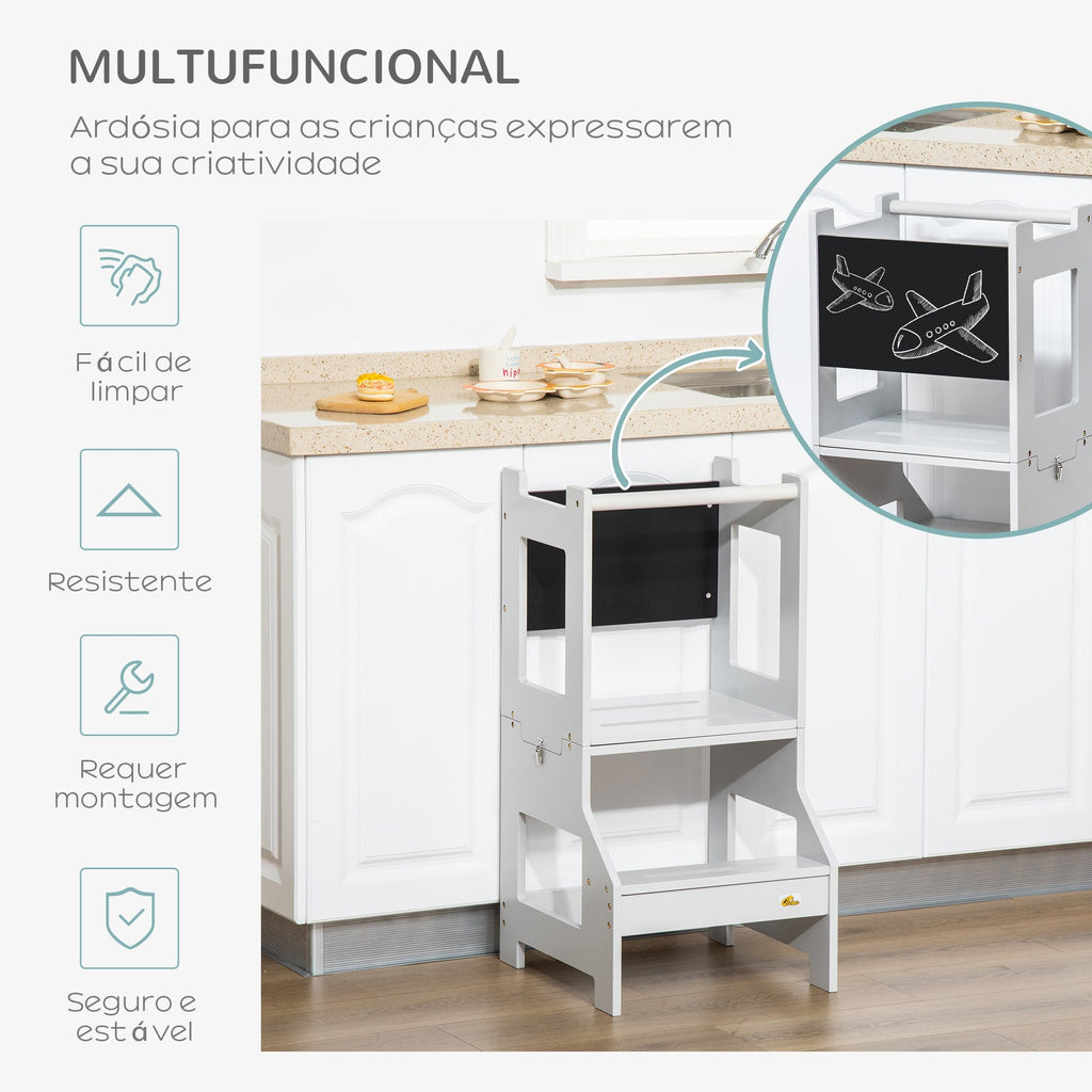 HOMCOM Torre de Aprendizagem para Crianças 3 - 6 Anos de Madeira Torre de Aprendizagem Infantil Convertível em Secretária com Ardósia e Barra de Segurança para Casa de Banho Cozinha 42x44x86 cm Cinza - A minha loja