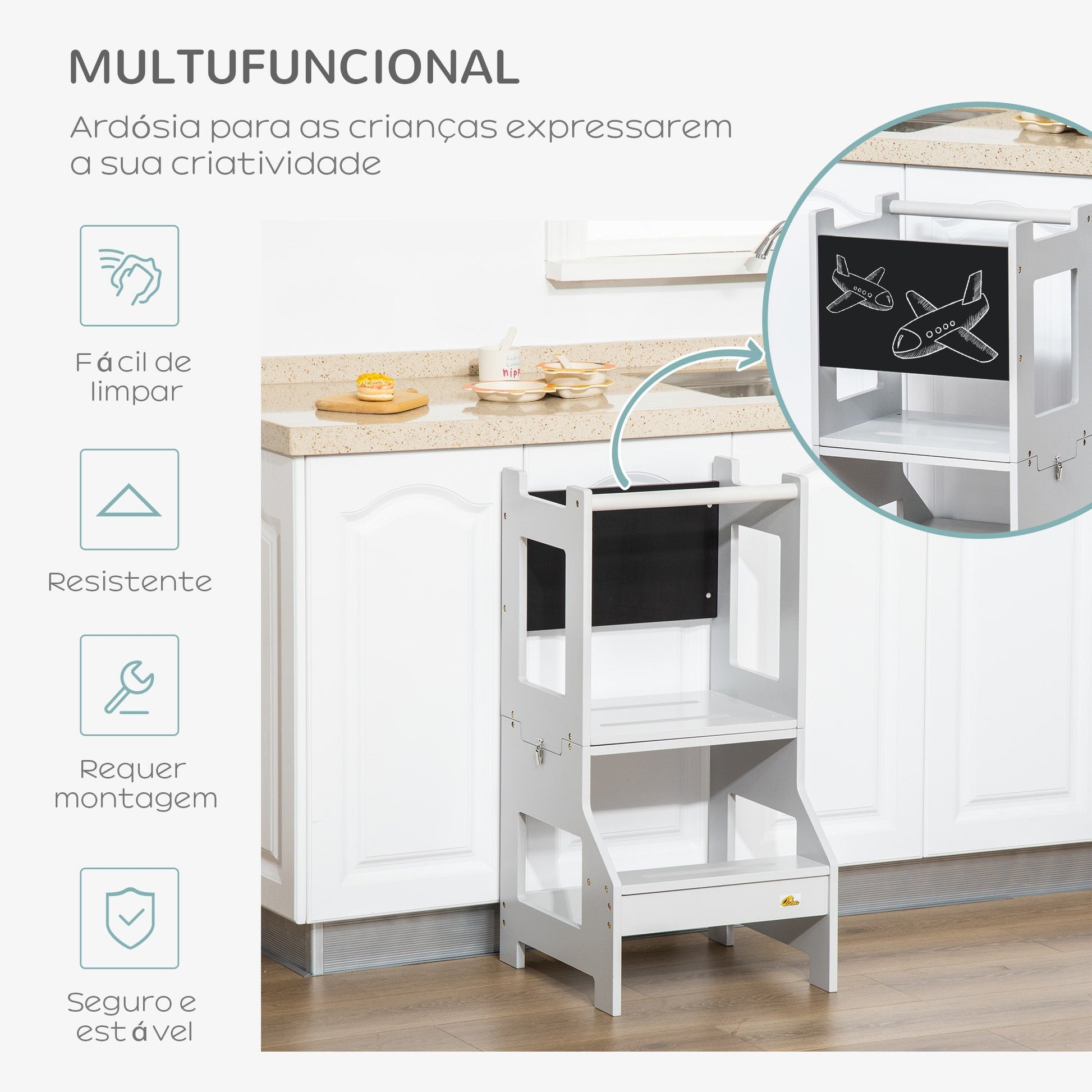 HOMCOM Torre de Aprendizagem para Crianças 3 - 6 Anos de Madeira Torre de Aprendizagem Infantil Convertível em Secretária com Ardósia e Barra de Segurança para Casa de Banho Cozinha 42x44x86 cm Cinza - A minha loja