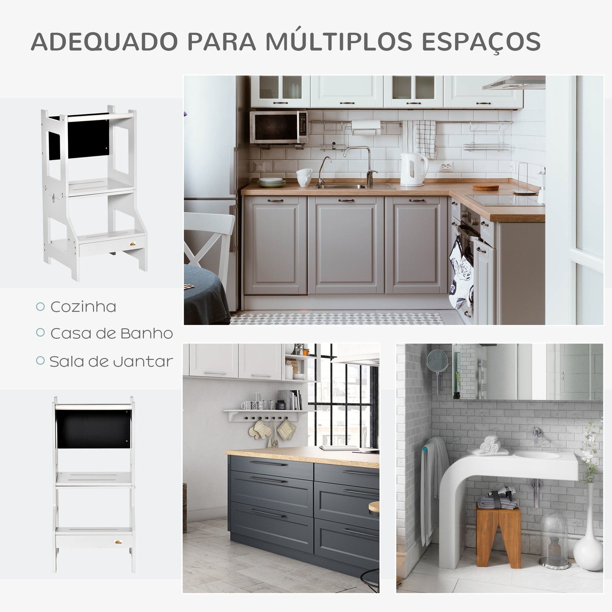 HOMCOM Torre de Aprendizagem para Crianças 3 - 6 Anos de Madeira Torre de Aprendizagem Infantil Convertível em Secretária com Ardósia e Barra de Segurança para Casa de Banho Cozinha 42x44x86 cm Cinza - A minha loja