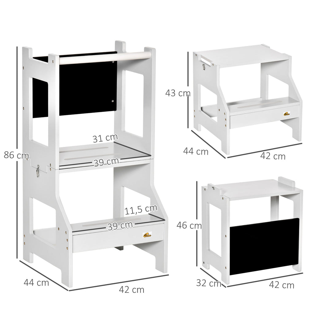 HOMCOM Torre de Aprendizagem para Crianças 3 - 6 Anos de Madeira Torre de Aprendizagem Infantil Convertível em Secretária com Ardósia e Barra de Segurança para Casa de Banho Cozinha 42x44x86 cm Cinza - A minha loja