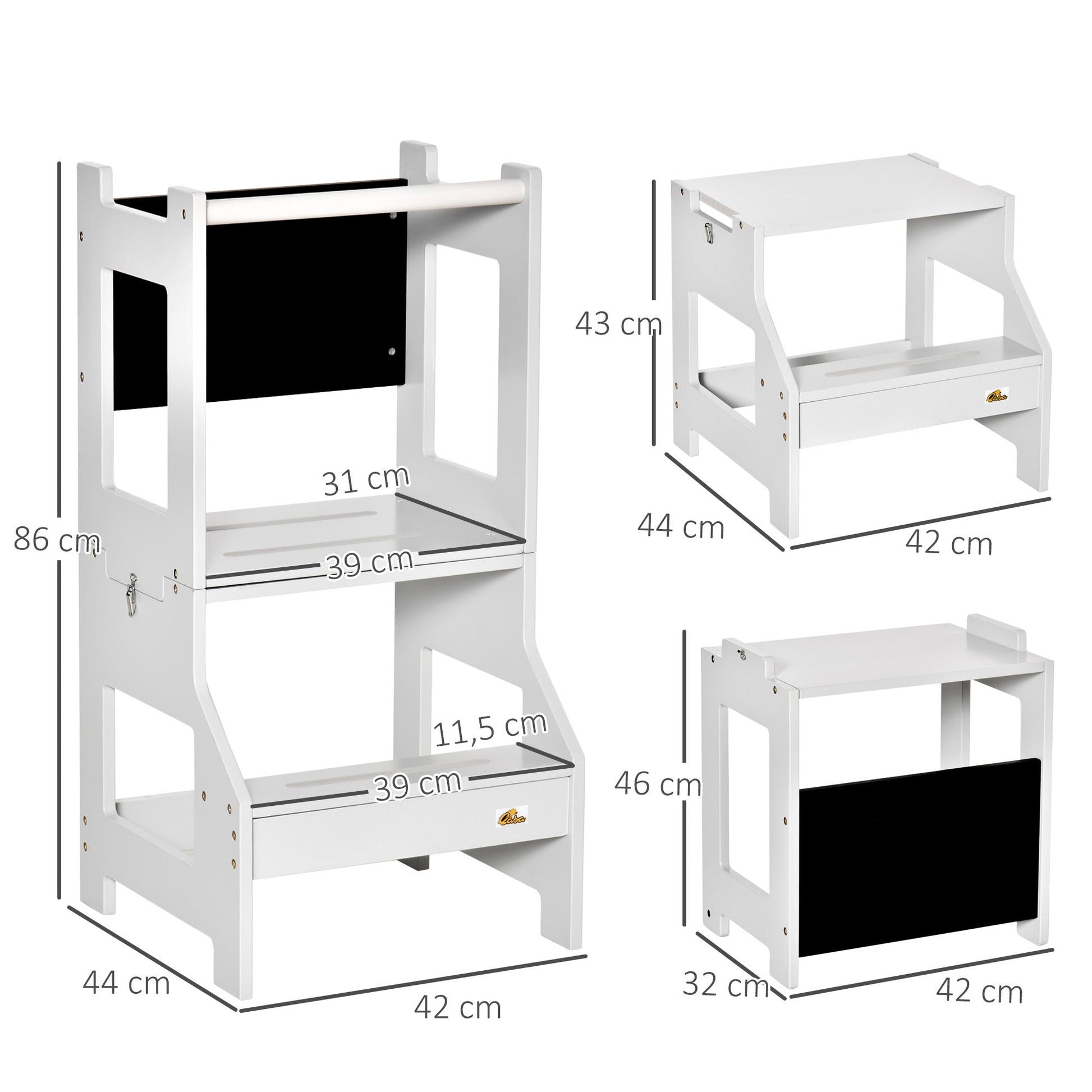 HOMCOM Torre de Aprendizagem para Crianças 3 - 6 Anos de Madeira Torre de Aprendizagem Infantil Convertível em Secretária com Ardósia e Barra de Segurança para Casa de Banho Cozinha 42x44x86 cm Cinza - A minha loja