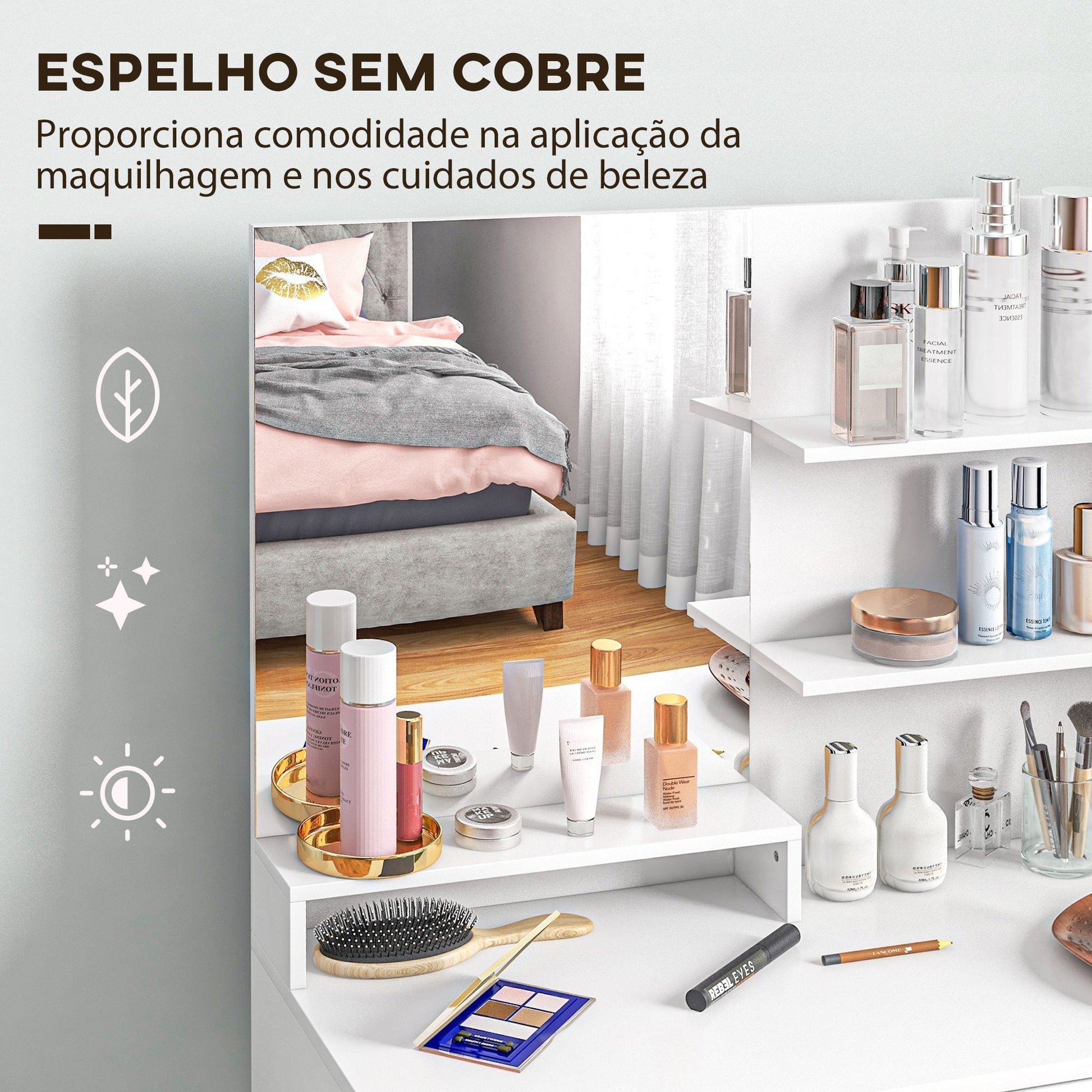 HOMCOM Toucador de Maquilhagem com Banco Mesa de Maquilhagem com Espelho Prateleiras Abertas Gaveta e Prateleira Ajustável Anti - Tombo para Dormitório Branco e Bege - A minha loja