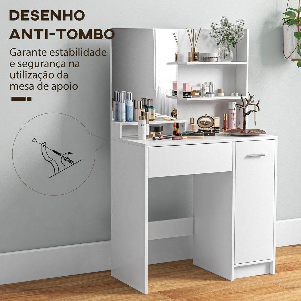 HOMCOM Toucador de Maquilhagem com Banco Mesa de Maquilhagem com Espelho Prateleiras Abertas Gaveta e Prateleira Ajustável Anti - Tombo para Dormitório Branco e Bege - A minha loja