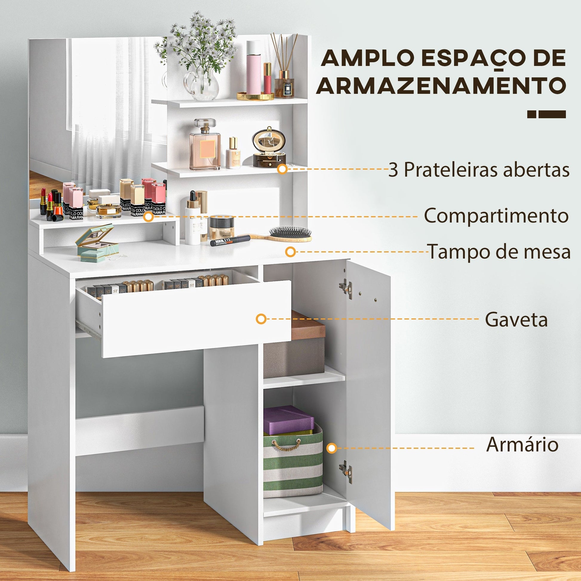 HOMCOM Toucador de Maquilhagem com Banco Mesa de Maquilhagem com Espelho Prateleiras Abertas Gaveta e Prateleira Ajustável Anti - Tombo para Dormitório Branco e Bege - A minha loja