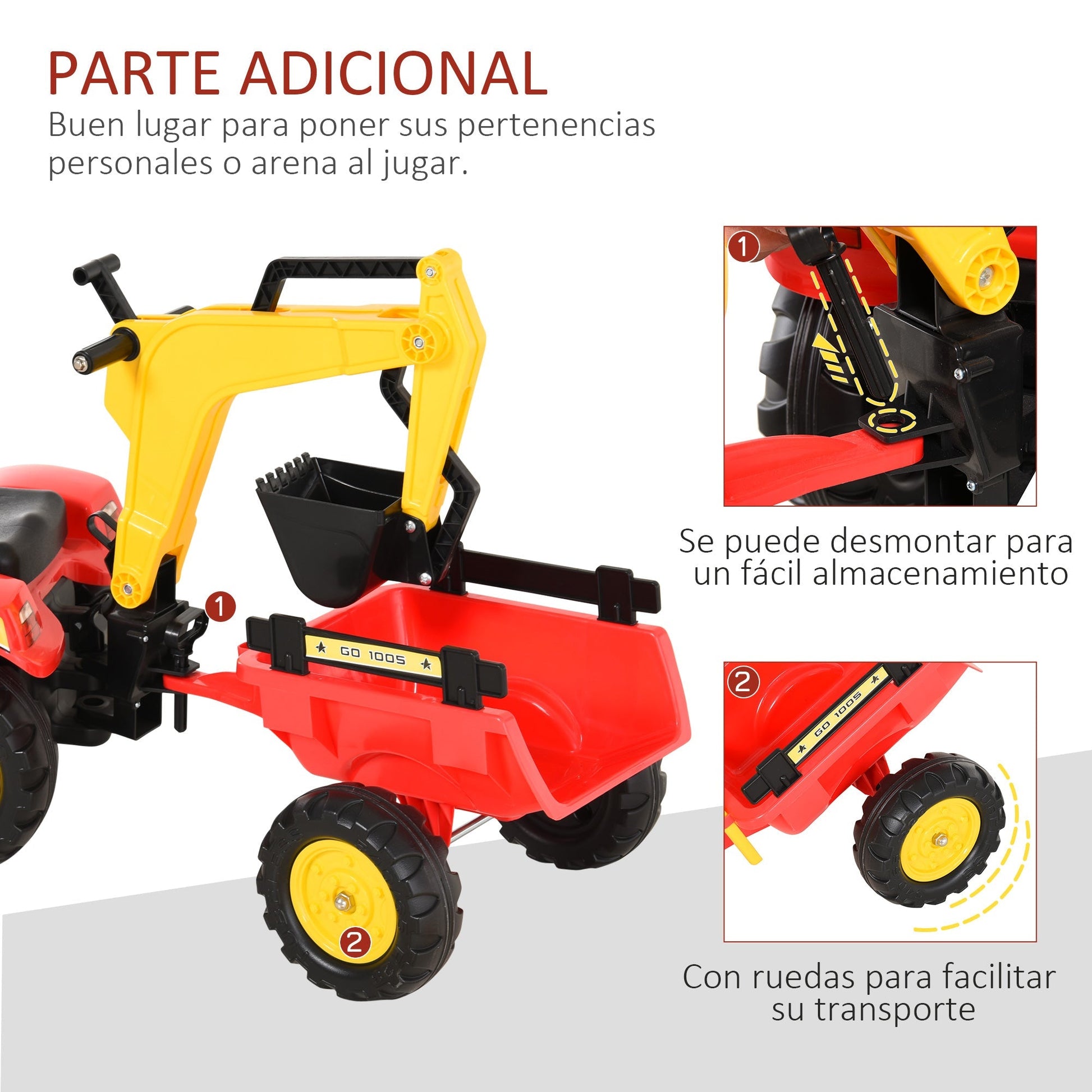 HOMCOM Trator de pedais com reboque escavadeira com pá frontal de brinquedo de condução para crianças acima de 3 anos Direção e pás de fácil controle Suporta até 35 kg 179x42x59 cm Vermelho - A minha loja