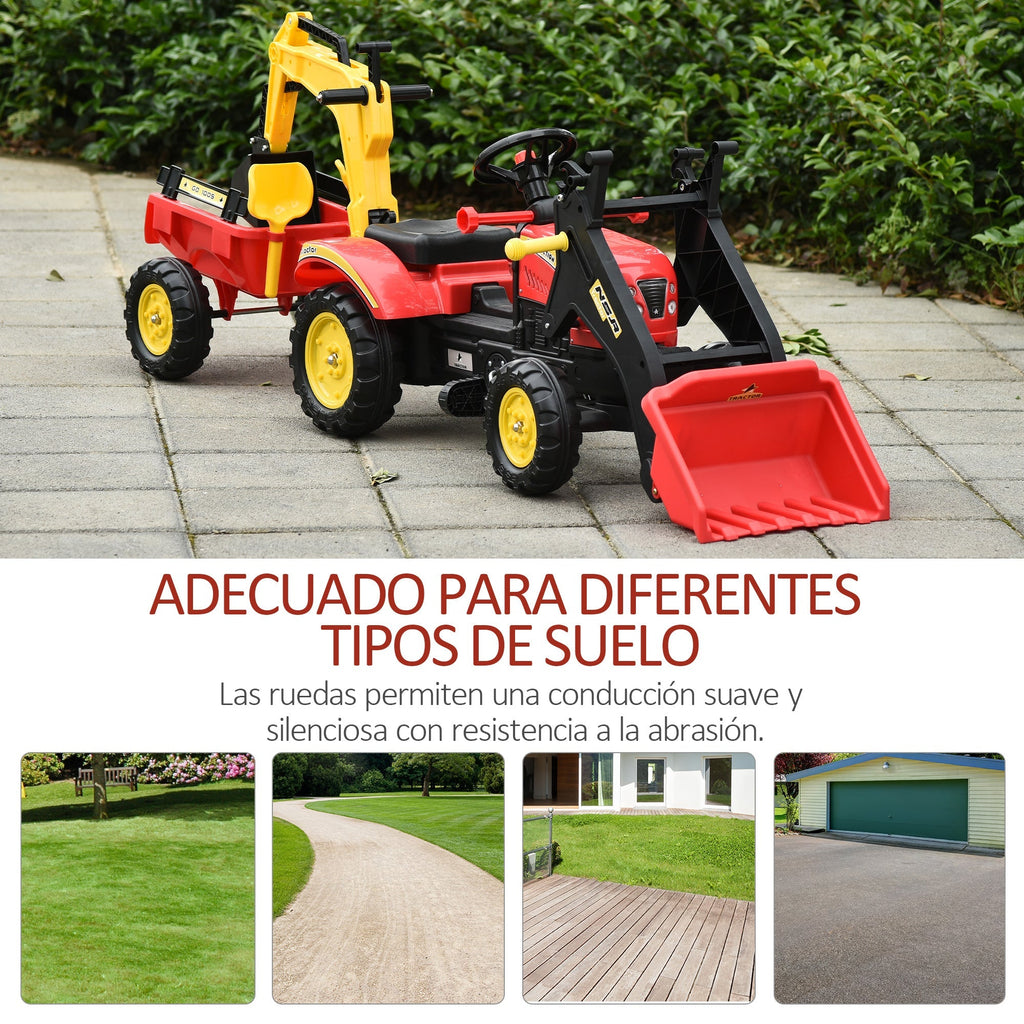 HOMCOM Trator de pedais com reboque escavadeira com pá frontal de brinquedo de condução para crianças acima de 3 anos Direção e pás de fácil controle Suporta até 35 kg 179x42x59 cm Vermelho - A minha loja