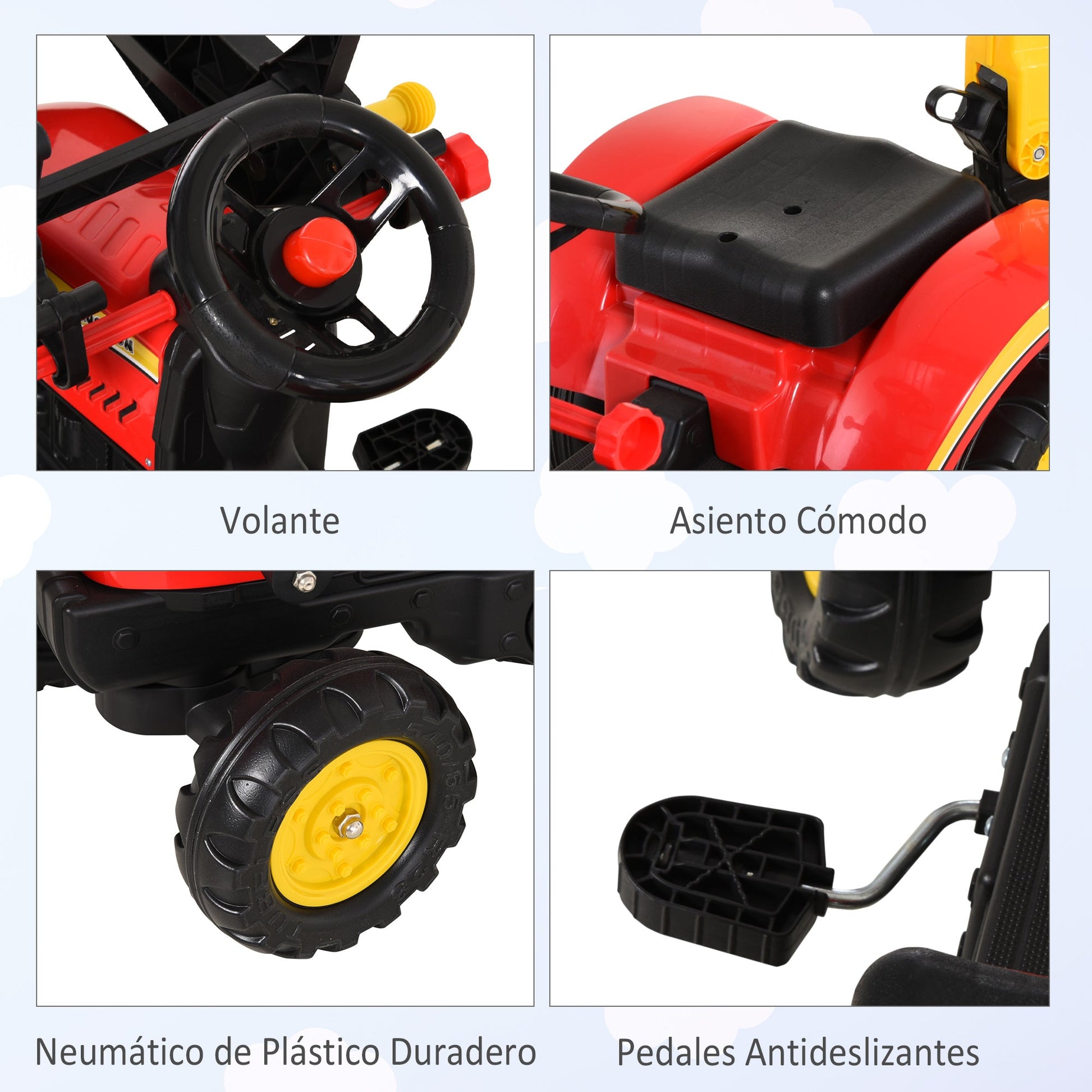HOMCOM Trator de pedais com reboque escavadeira com pá frontal de brinquedo de condução para crianças acima de 3 anos Direção e pás de fácil controle Suporta até 35 kg 179x42x59 cm Vermelho - A minha loja