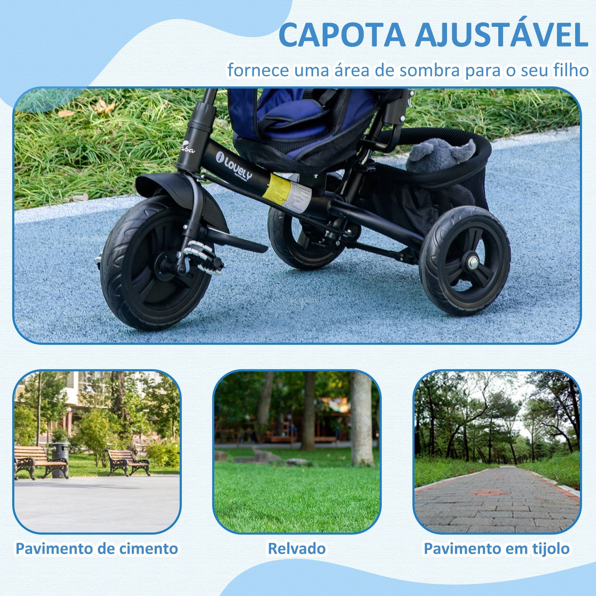 HOMCOM Triciclo para Bebés 2 em 1 Triciclo Evolutivo para Crianças de +12 Meses com Capota Dobrável Guiador Telescópico e Removível Bolsa e Porta - garrafas Azul Marrinho - A minha loja