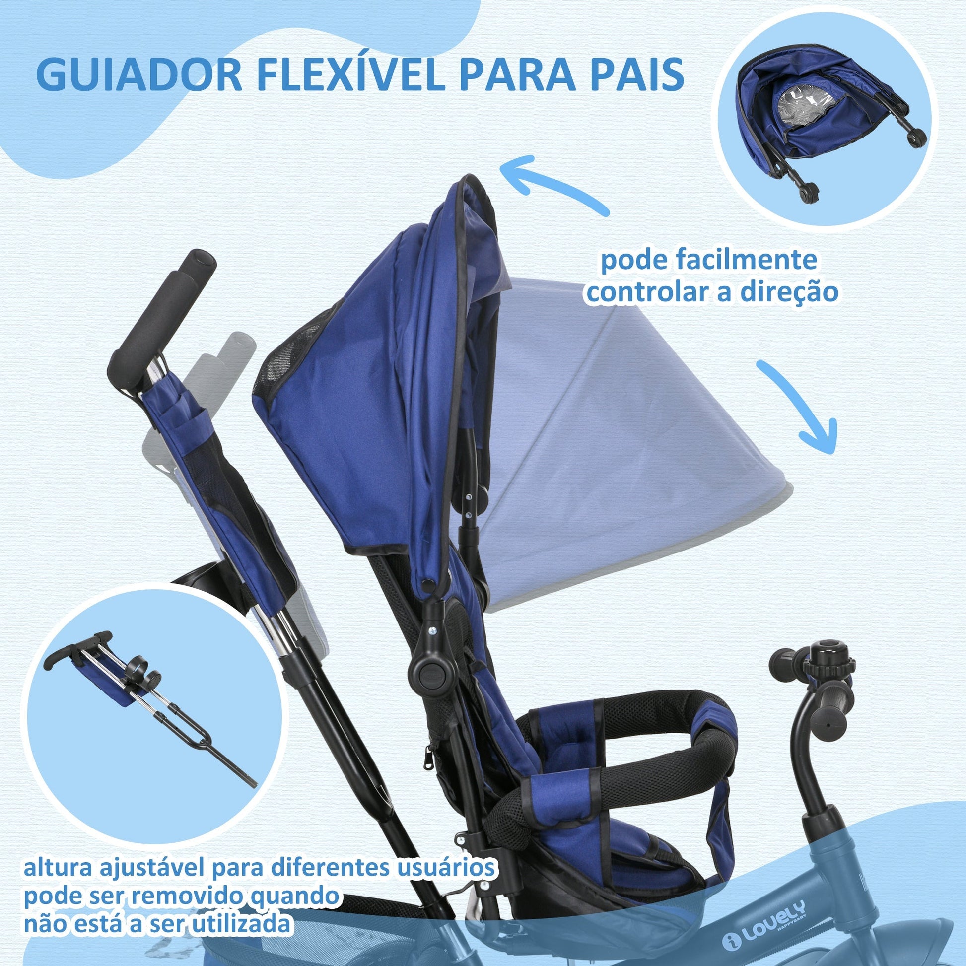 HOMCOM Triciclo para Bebés 2 em 1 Triciclo Evolutivo para Crianças de +12 Meses com Capota Dobrável Guiador Telescópico e Removível Bolsa e Porta - garrafas Azul Marrinho - A minha loja