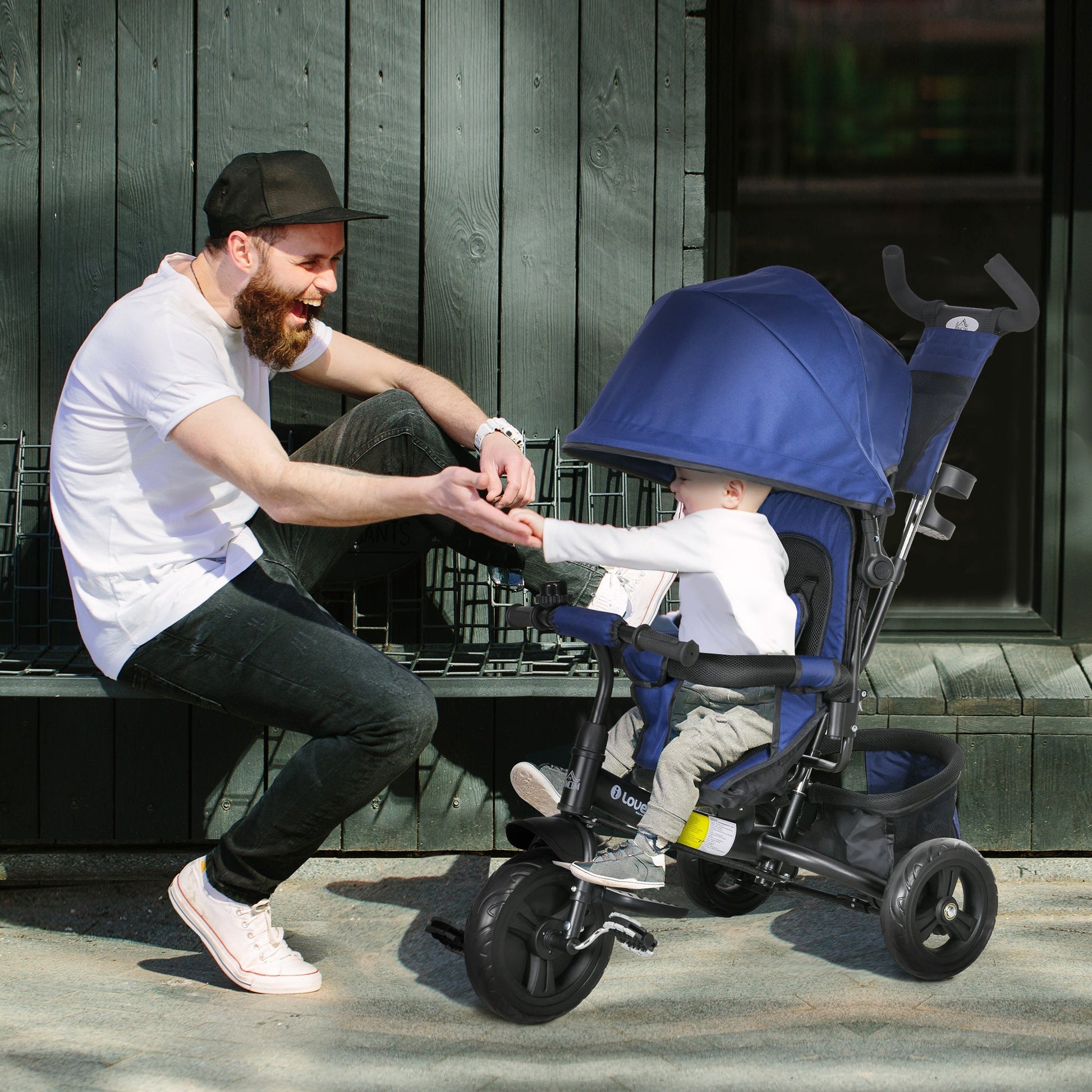HOMCOM Triciclo para Bebés 2 em 1 Triciclo Evolutivo para Crianças de +12 Meses com Capota Dobrável Guiador Telescópico e Removível Bolsa e Porta - garrafas Azul Marrinho - A minha loja
