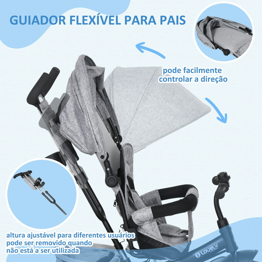 HOMCOM Triciclo para Bebés 2 em 1 Triciclo Evolutivo para Crianças de +12 Meses com Capota Dobrável Guiador Telescópico e Removível Bolsa e Porta - garrafas Cinza - A minha loja