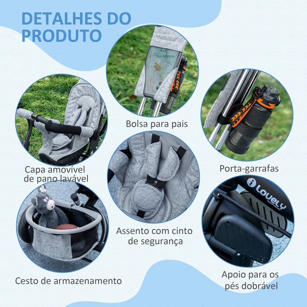 HOMCOM Triciclo para Bebés 2 em 1 Triciclo Evolutivo para Crianças de +12 Meses com Capota Dobrável Guiador Telescópico e Removível Bolsa e Porta - garrafas Cinza - A minha loja