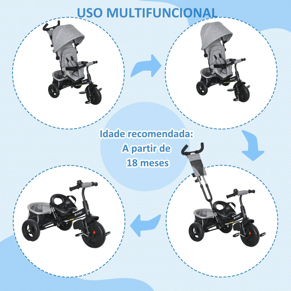 HOMCOM Triciclo para Bebés 2 em 1 Triciclo Evolutivo para Crianças de +12 Meses com Capota Dobrável Guiador Telescópico e Removível Bolsa e Porta - garrafas Cinza - A minha loja