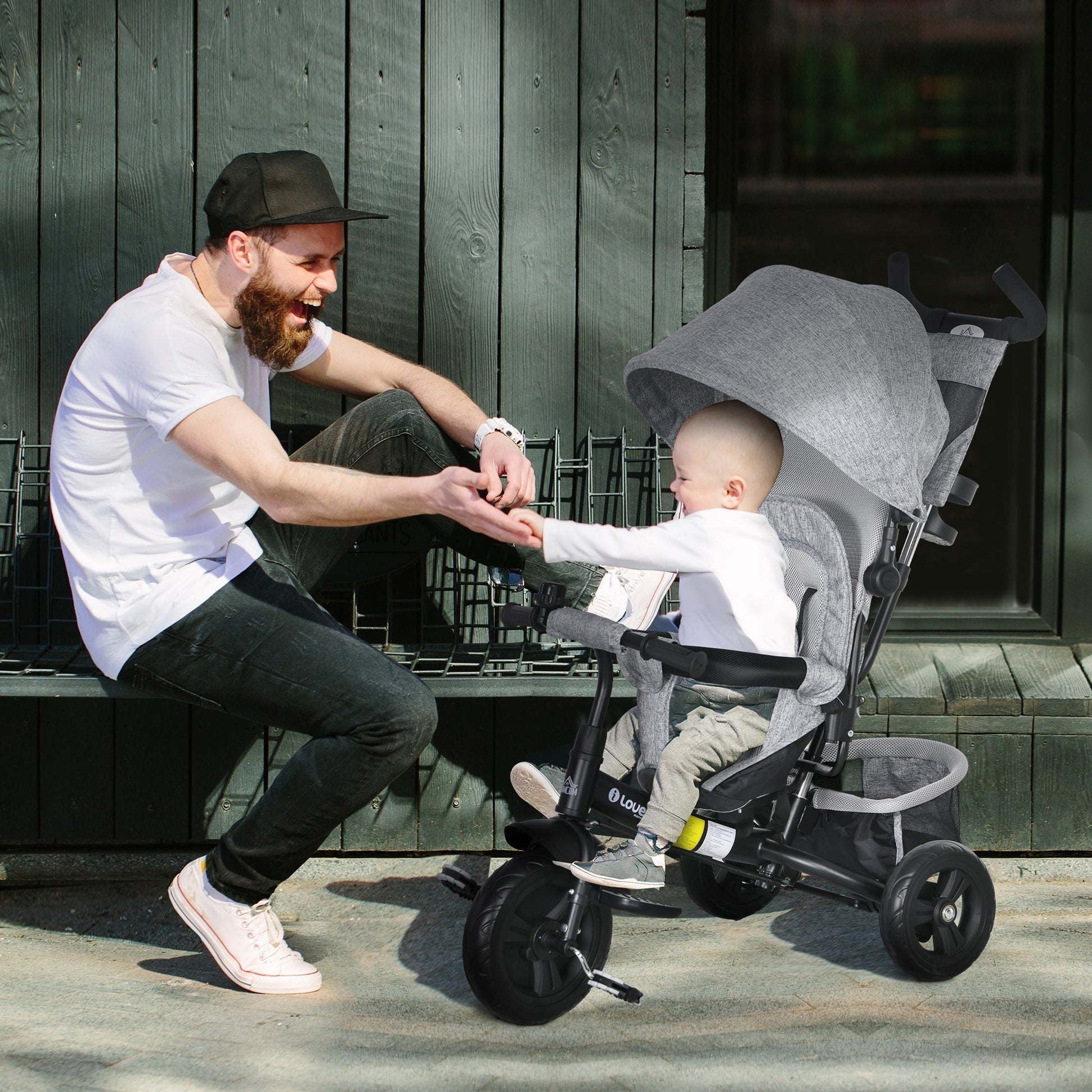 HOMCOM Triciclo para Bebés 2 em 1 Triciclo Evolutivo para Crianças de +12 Meses com Capota Dobrável Guiador Telescópico e Removível Bolsa e Porta - garrafas Cinza - A minha loja
