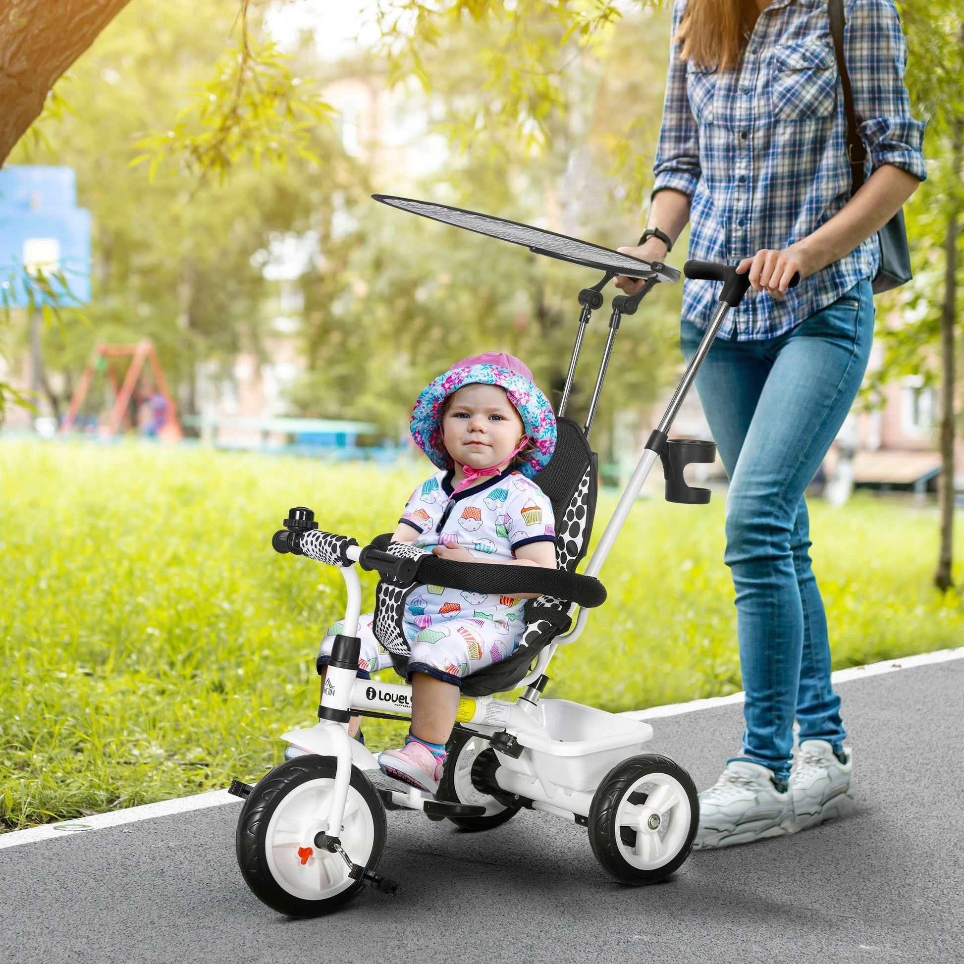 HOMCOM Triciclo para Bebês 2 em 1 Triciclo Evolutivo para Crianças de +12 Meses com Toldo Dobrável Guiador Telescópico e Removível Assento Ajustável Cesto e Suporte para Garrafa Branco - A minha loja