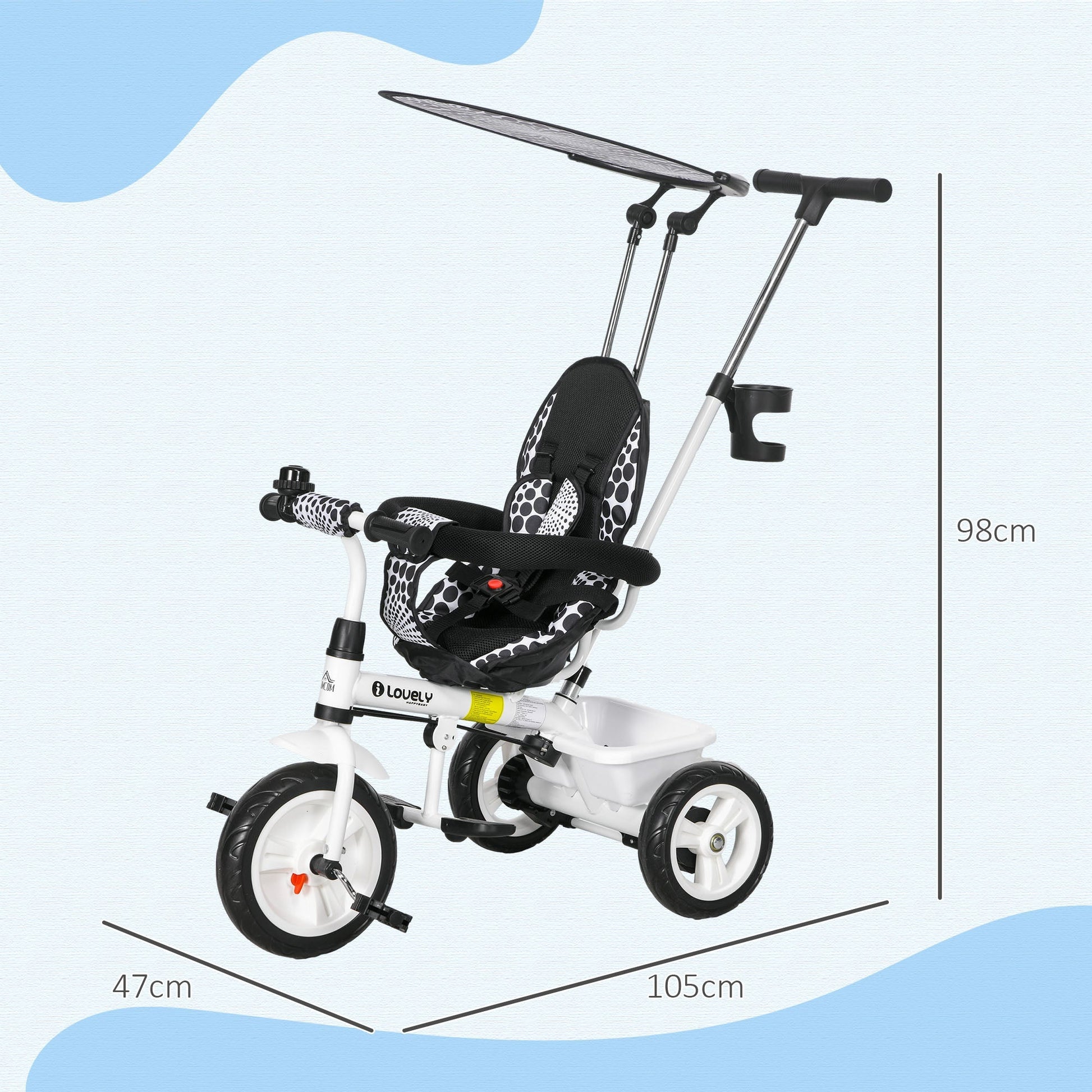 HOMCOM Triciclo para Bebês 2 em 1 Triciclo Evolutivo para Crianças de +12 Meses com Toldo Dobrável Guiador Telescópico e Removível Assento Ajustável Cesto e Suporte para Garrafa Branco - A minha loja