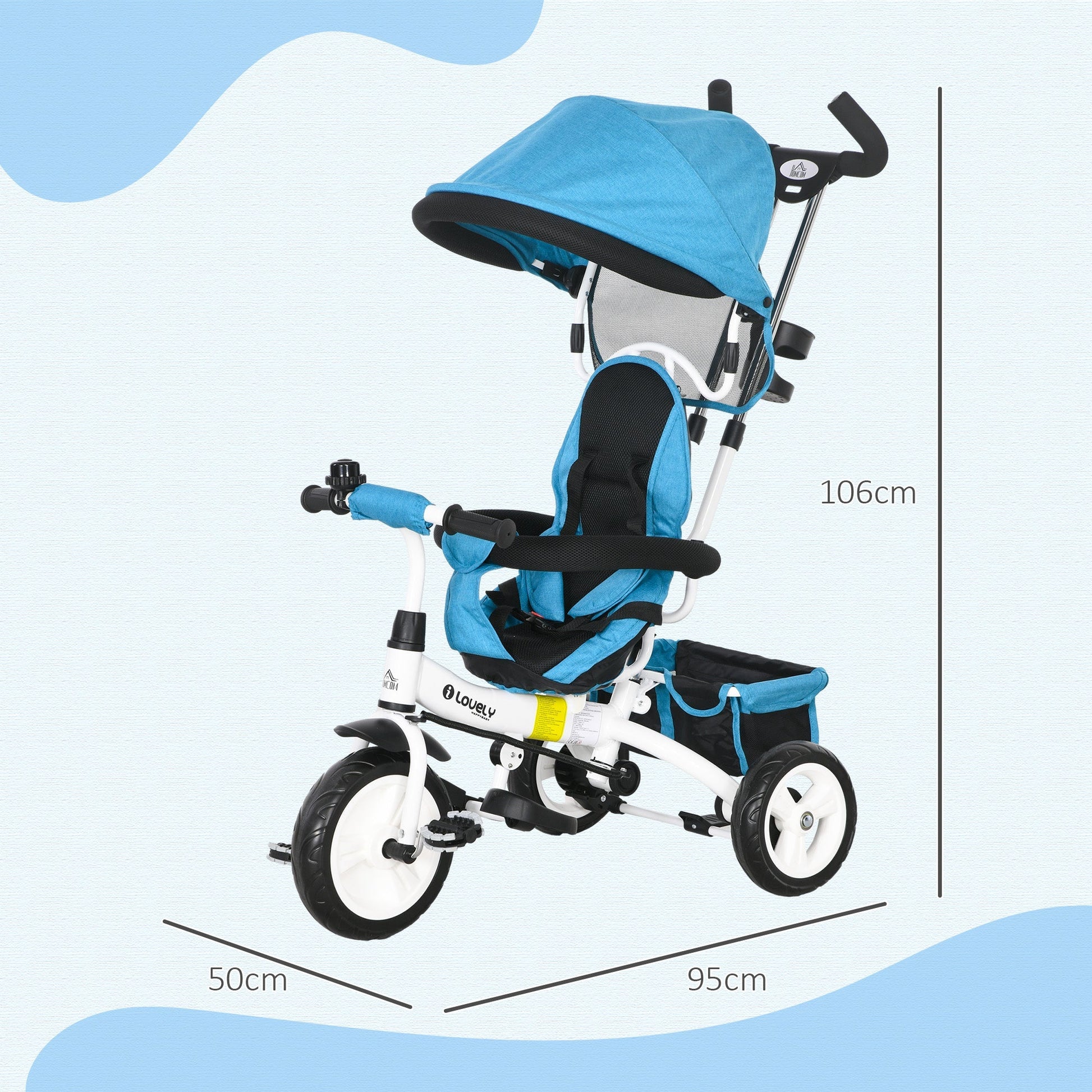 HOMCOM Triciclo para Bebés 2 em 1 Triciclo Evolutivo para Crianças de +12 Meses com Toldo Dobrável Guiador Telescópico e Removível Cinto de Segurança e Cesto 95x50x106 cm Azul - A minha loja