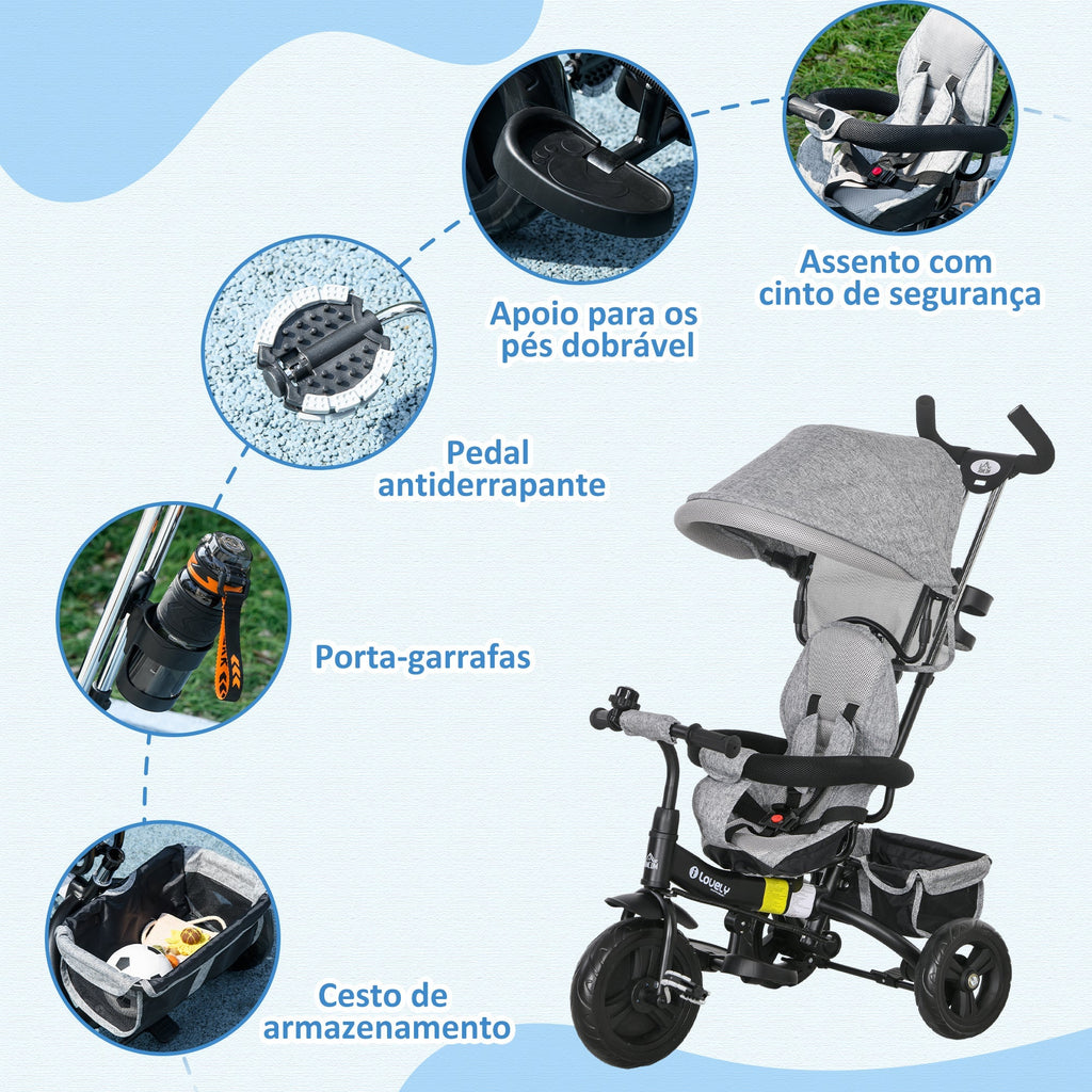 HOMCOM Triciclo para Bebés 2 em 1 Triciclo Evolutivo para Crianças de +12 Meses com Toldo Dobrável Guiador Telescópico e Removível Cinto de Segurança e Cesto 95x50x106 cm Cinza - A minha loja