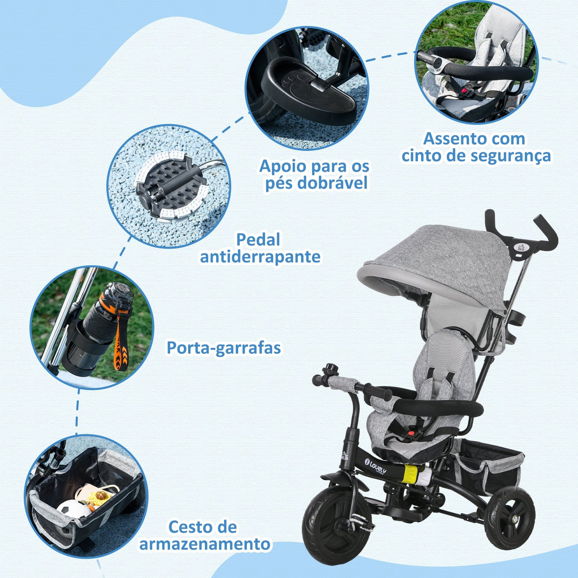 HOMCOM Triciclo para Bebés 2 em 1 Triciclo Evolutivo para Crianças de +12 Meses com Toldo Dobrável Guiador Telescópico e Removível Cinto de Segurança e Cesto 95x50x106 cm Cinza - A minha loja