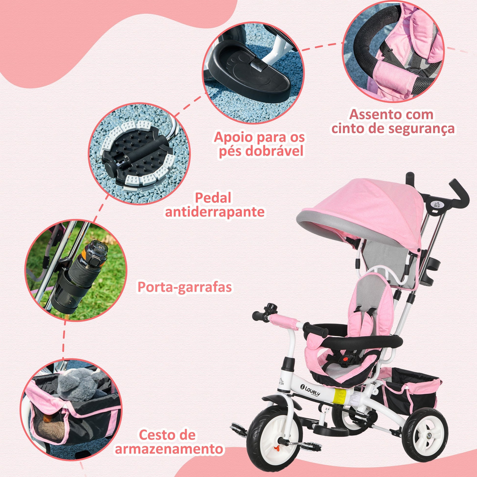HOMCOM Triciclo para Bebés 2 em 1 Triciclo Evolutivo para Crianças de +12 Meses com Toldo Dobrável Guiador Telescópico e Removível Cinto de Segurança e Cesto 95x50x106 cm Rosa - A minha loja