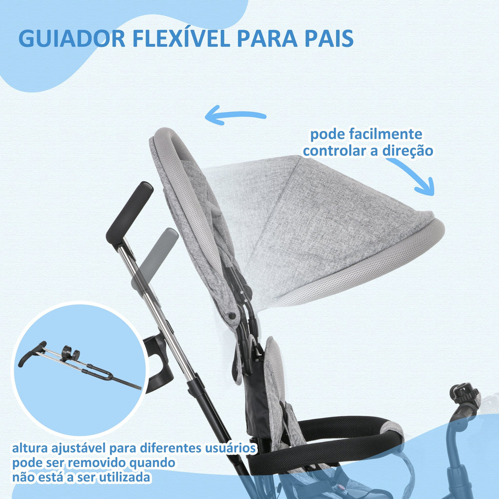HOMCOM Triciclo para Bebés 2 em 1 Triciclo Evolutivo para Crianças de +12 Meses com Toldo Dobrável Guiador Telescópico e Removível Cinto de Segurança e Cesto 95x50x106 cm Cinza - A minha loja