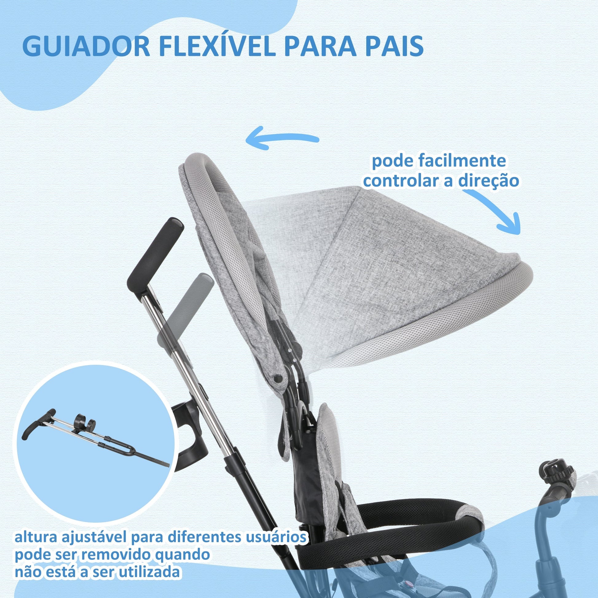HOMCOM Triciclo para Bebés 2 em 1 Triciclo Evolutivo para Crianças de +12 Meses com Toldo Dobrável Guiador Telescópico e Removível Cinto de Segurança e Cesto 95x50x106 cm Cinza - A minha loja