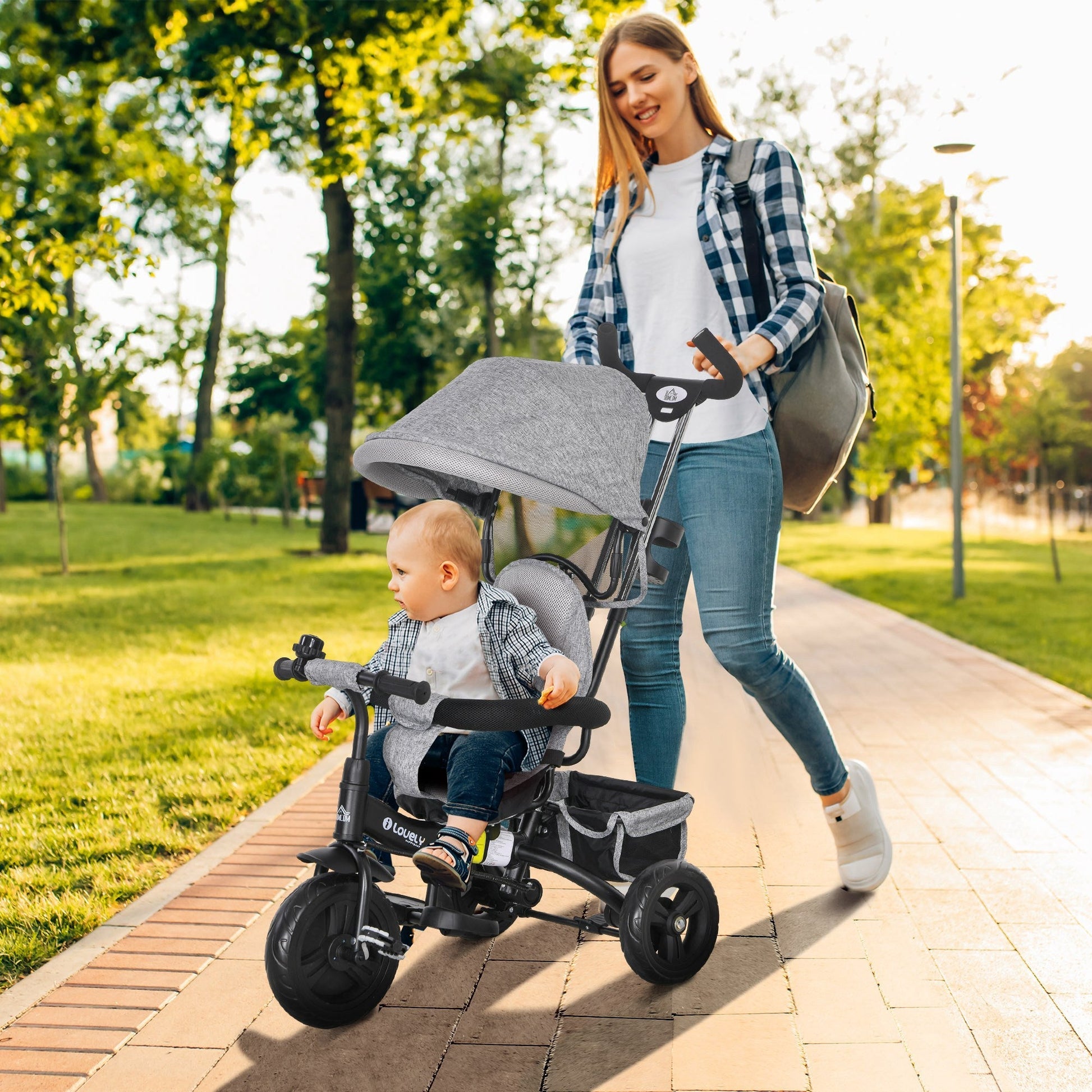 HOMCOM Triciclo para Bebés 2 em 1 Triciclo Evolutivo para Crianças de +12 Meses com Toldo Dobrável Guiador Telescópico e Removível Cinto de Segurança e Cesto 95x50x106 cm Cinza - A minha loja