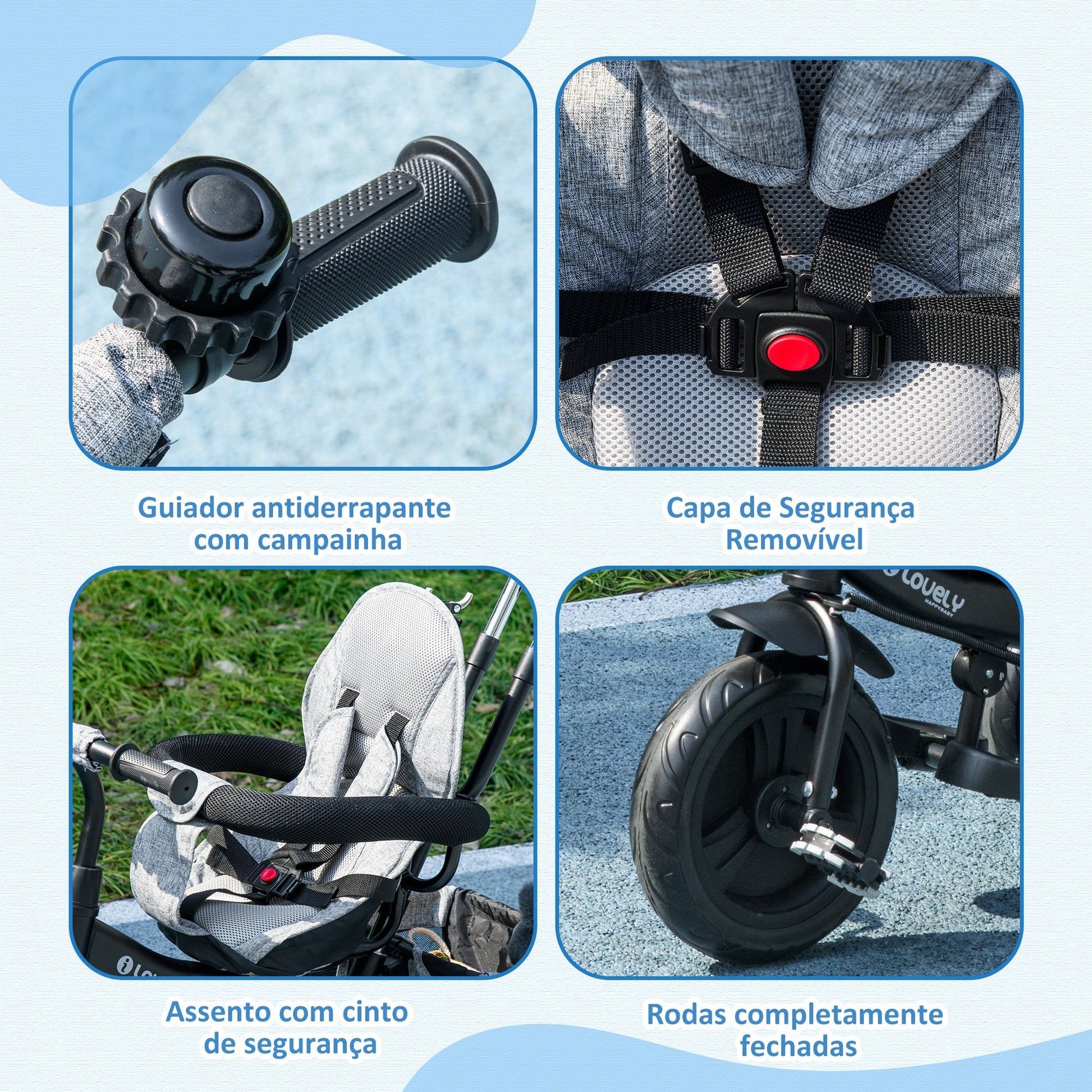 HOMCOM Triciclo para Bebés 2 em 1 Triciclo Evolutivo para Crianças de +12 Meses com Toldo Dobrável Guiador Telescópico e Removível Cinto de Segurança e Cesto 95x50x106 cm Cinza - A minha loja