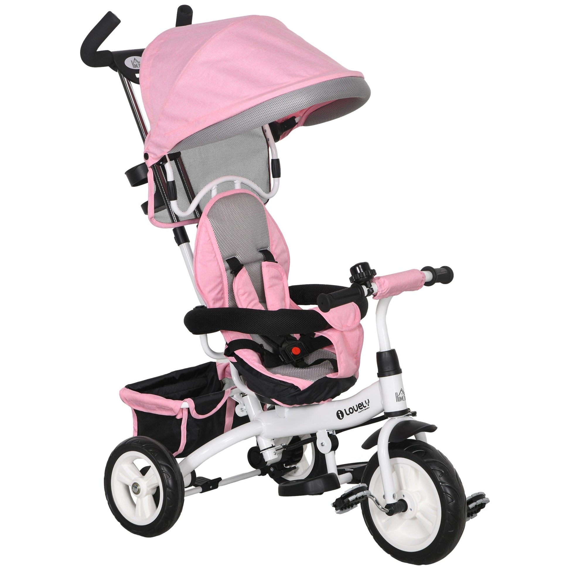 HOMCOM Triciclo para Bebés 2 em 1 Triciclo Evolutivo para Crianças de +12 Meses com Toldo Dobrável Guiador Telescópico e Removível Cinto de Segurança e Cesto 95x50x106 cm Rosa - A minha loja