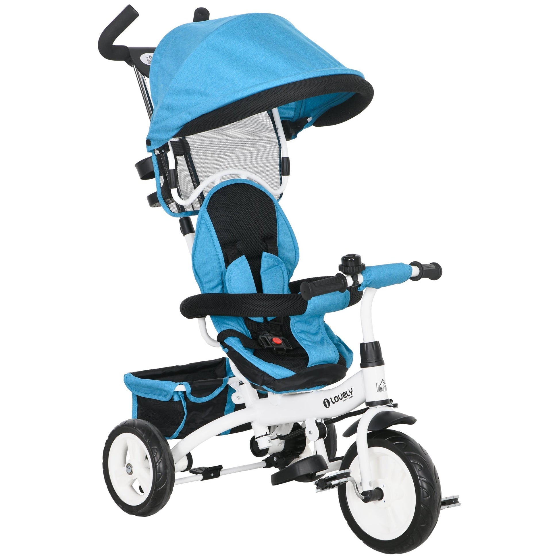 HOMCOM Triciclo para Bebés 2 em 1 Triciclo Evolutivo para Crianças de +12 Meses com Toldo Dobrável Guiador Telescópico e Removível Cinto de Segurança e Cesto 95x50x106 cm Azul - A minha loja