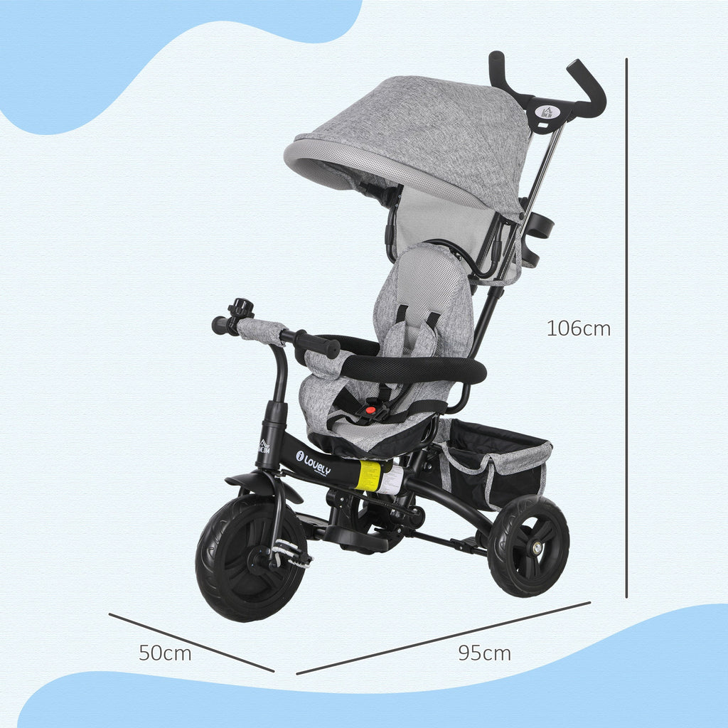 HOMCOM Triciclo para Bebés 2 em 1 Triciclo Evolutivo para Crianças de +12 Meses com Toldo Dobrável Guiador Telescópico e Removível Cinto de Segurança e Cesto 95x50x106 cm Cinza - A minha loja
