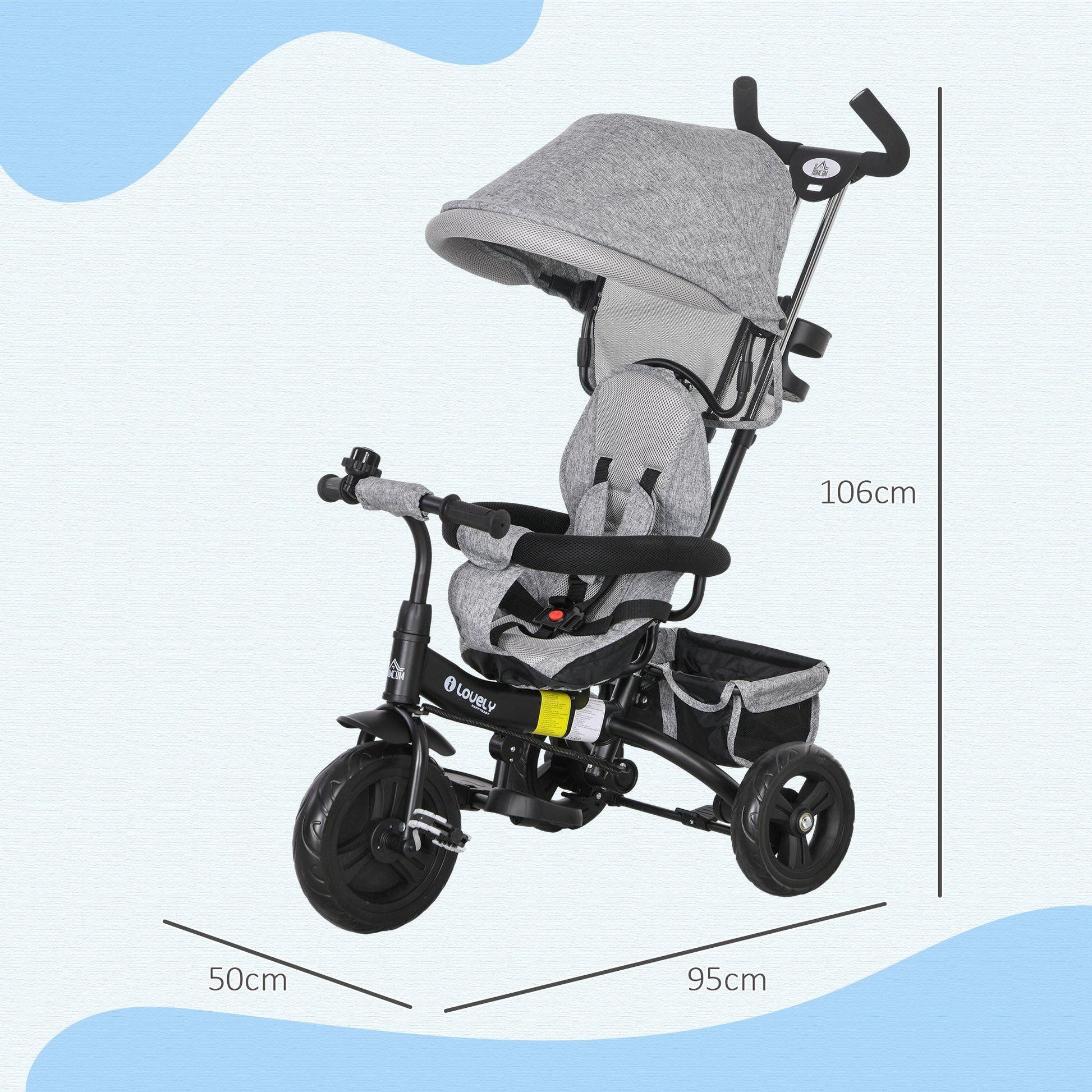 HOMCOM Triciclo para Bebés 2 em 1 Triciclo Evolutivo para Crianças de +12 Meses com Toldo Dobrável Guiador Telescópico e Removível Cinto de Segurança e Cesto 95x50x106 cm Cinza - A minha loja