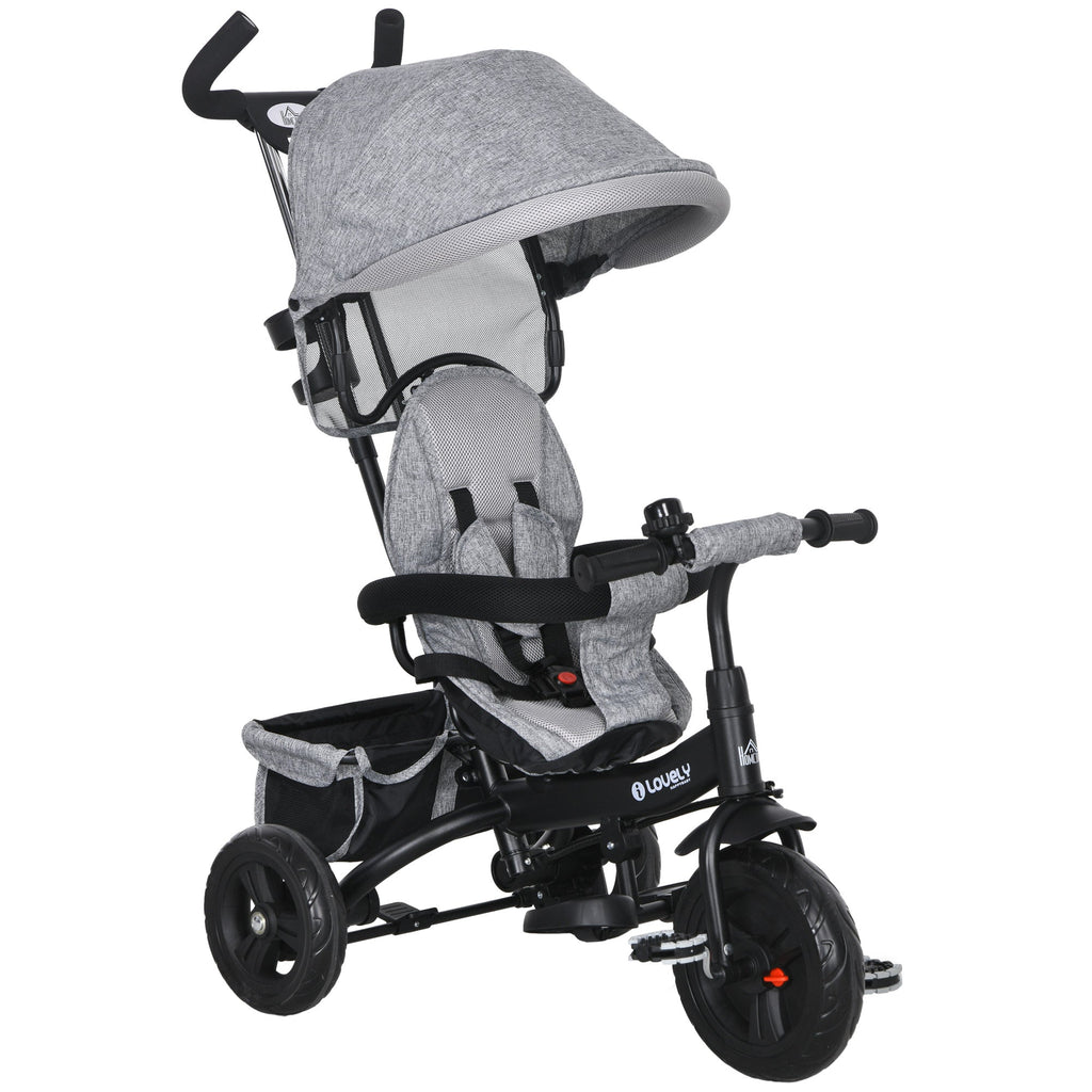 HOMCOM Triciclo para Bebés 2 em 1 Triciclo Evolutivo para Crianças de +12 Meses com Toldo Dobrável Guiador Telescópico e Removível Cinto de Segurança e Cesto 95x50x106 cm Cinza - A minha loja