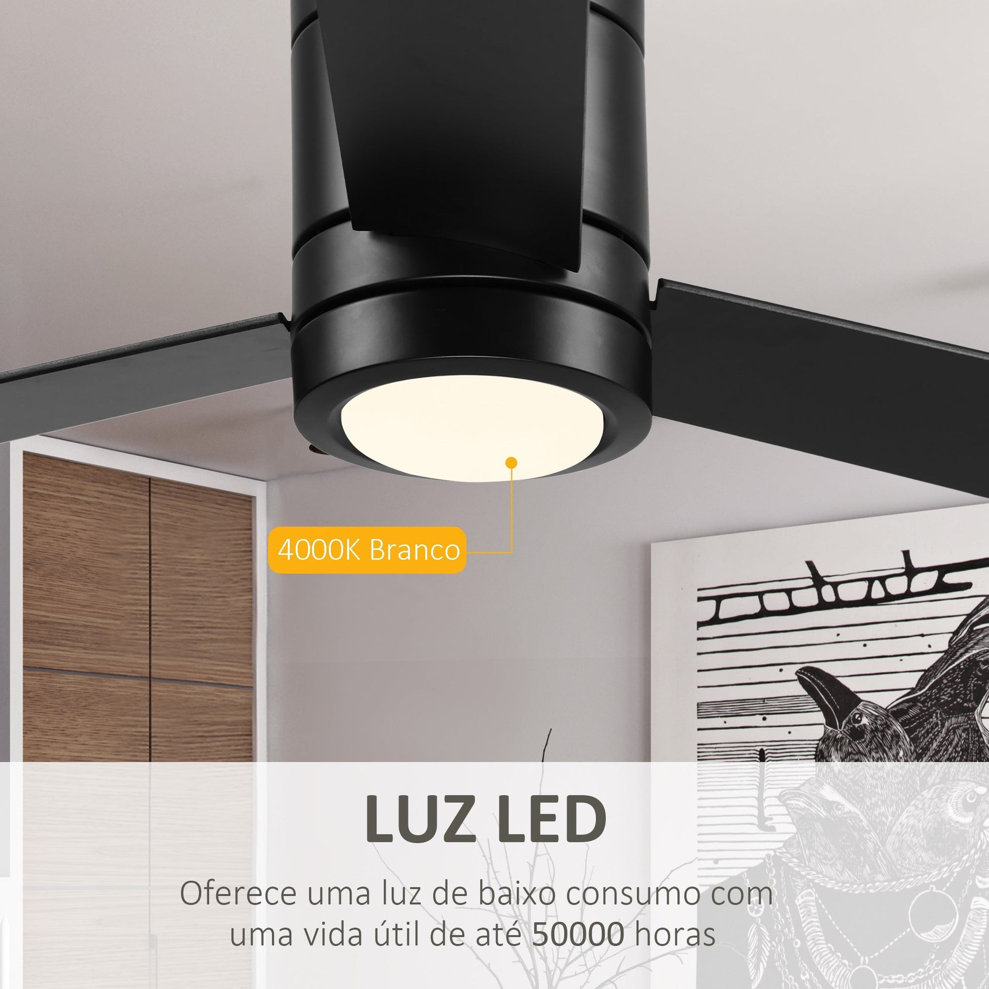 HOMCOM Ventoinha de Teto 48W com Luz LED Controle Remoto 3 Velocidades Temporizador 3 Lâminas de Madeira para Dormitório Sala de Estar Sala de Jantar Ø112x25cm Preto - A minha loja